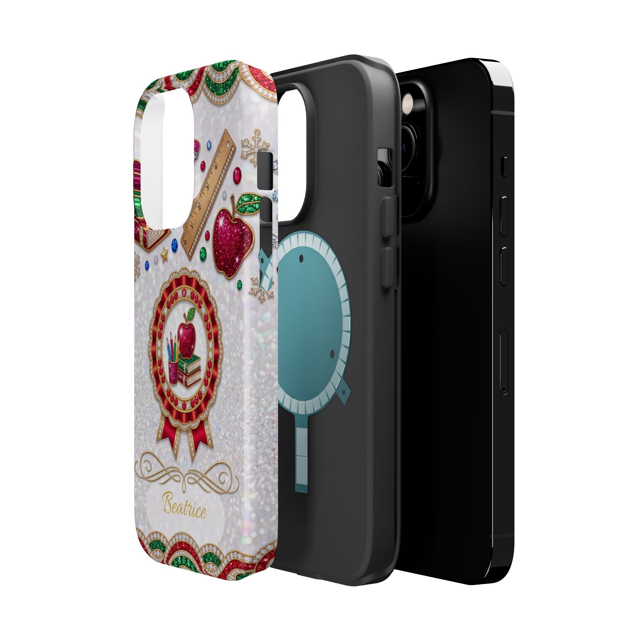 Jeweled Apple Medallion Personalized Teacher Phone Case — Wireless Charging Cover