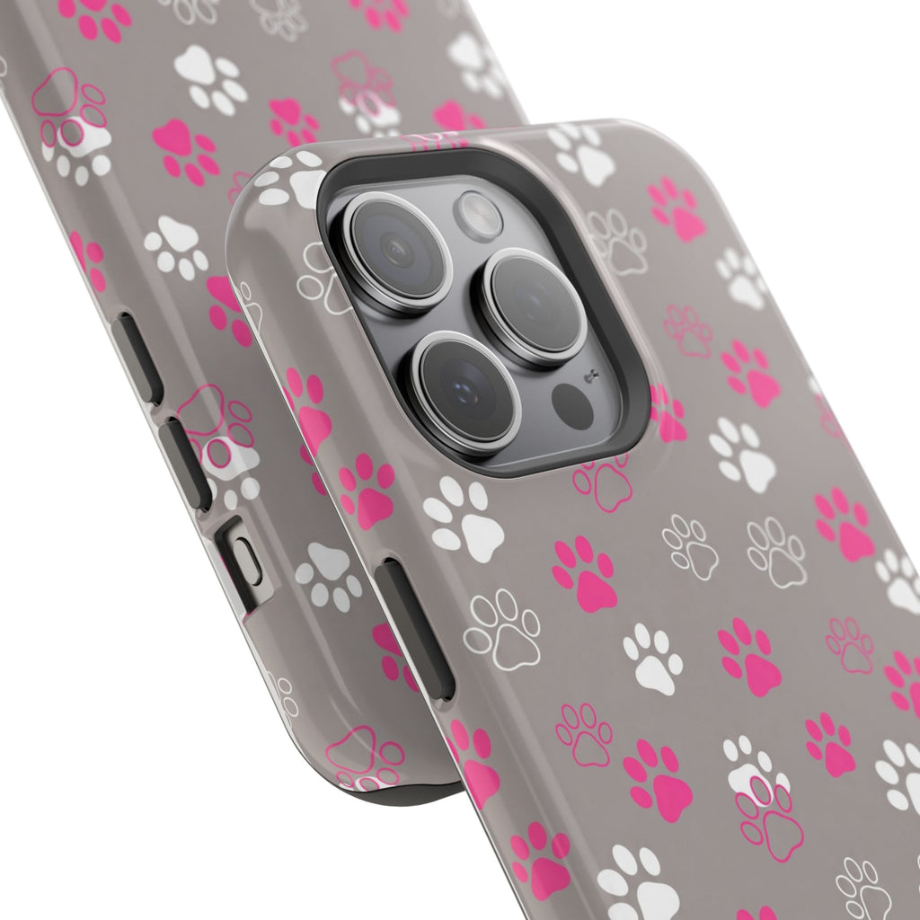 Pink & White Paw Print Phone Case — Impact-Resistant Wireless Charging Cover
