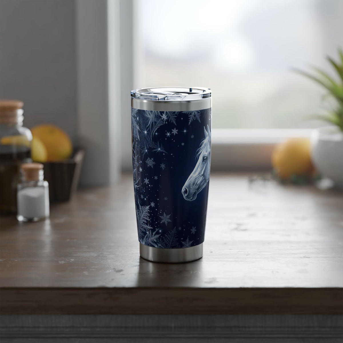 Horse Personalized Tumbler | Winter Frost Art — 20 oz Stainless Travel Mug