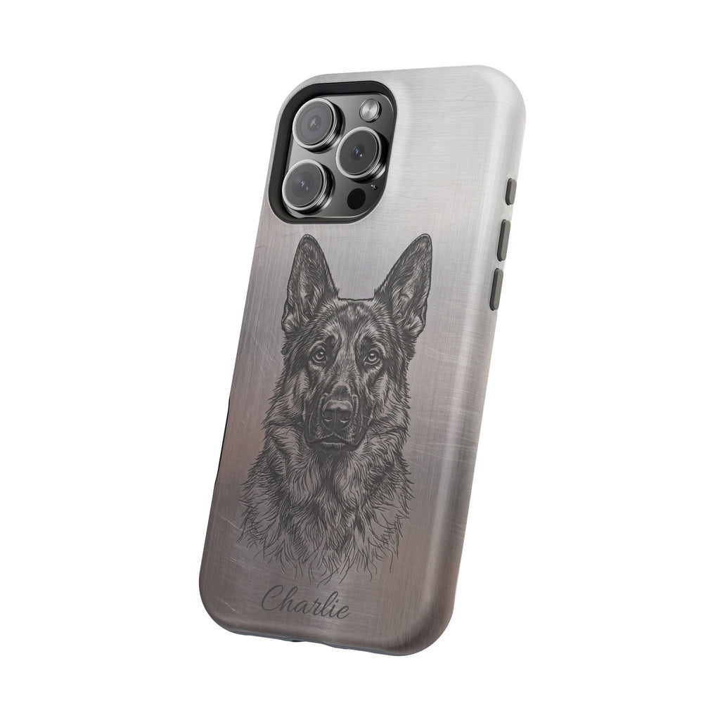 German Shepherd Phone Case | Personalized Etched Silver Art — Tough Magnetic Case with Wireless Charging