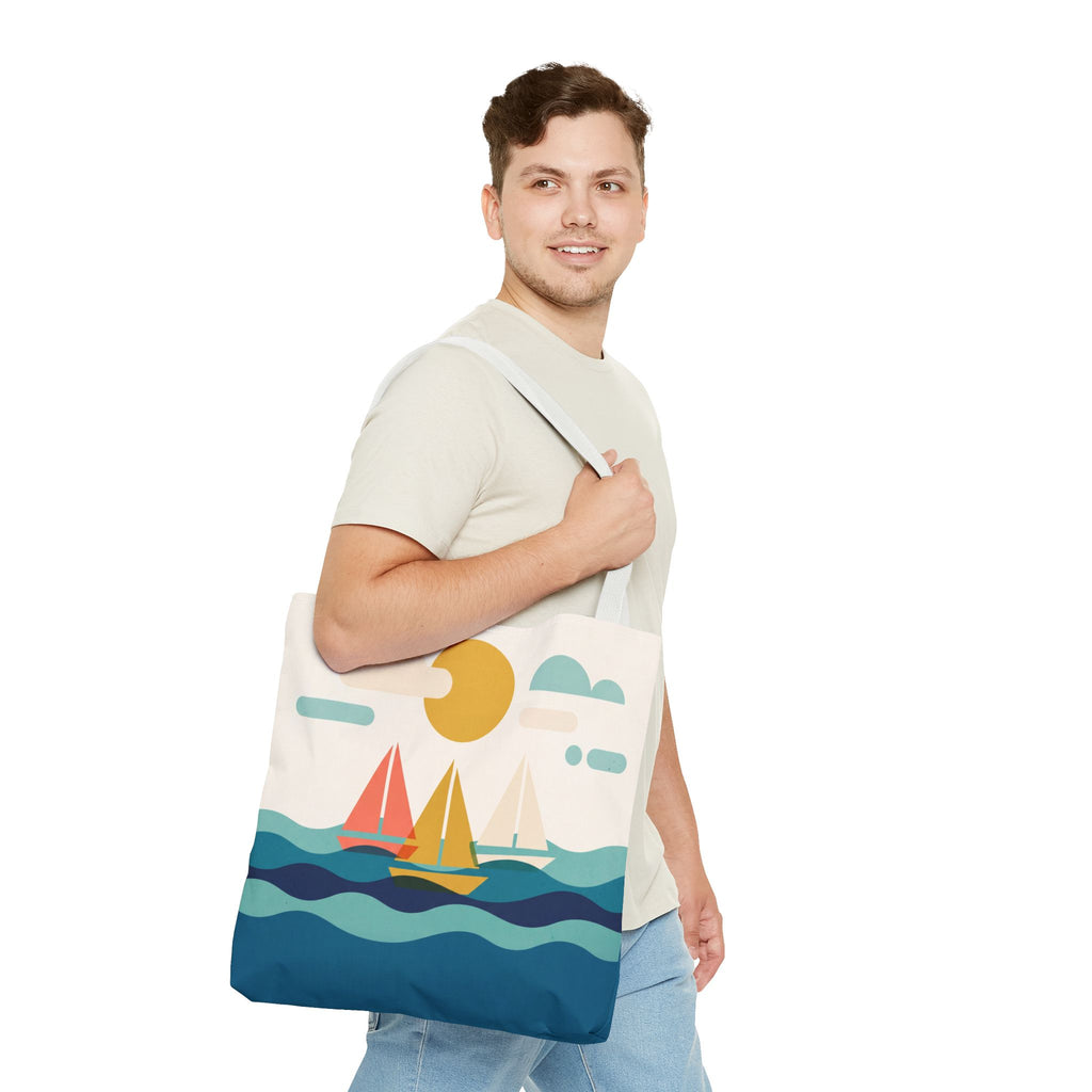 Minimalist Sailboat Tote Bag – Mid-Century Modern Ocean Waves Beach Bag