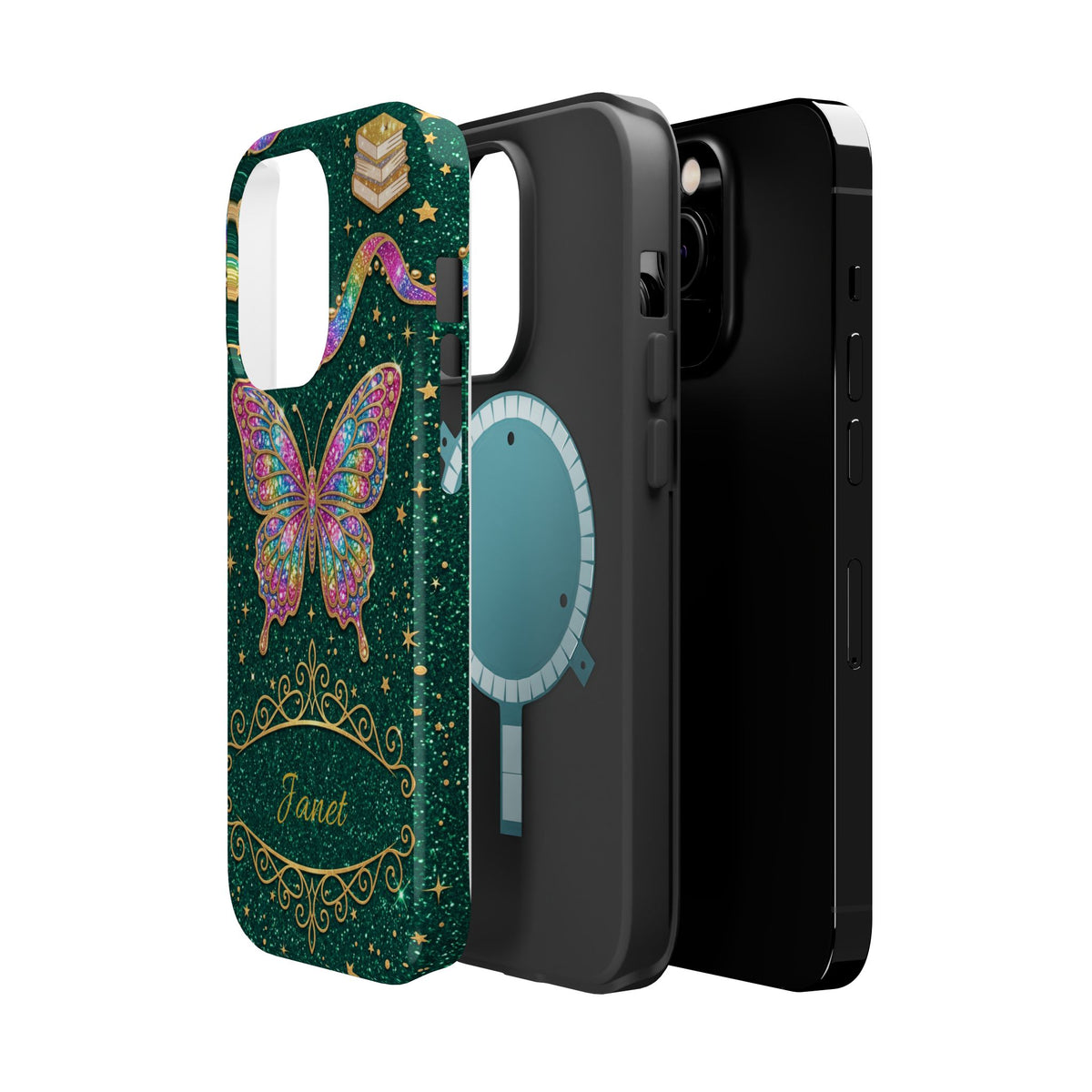 Rainbow Glitter Butterfly Personalized Teacher Phone Case — Wireless Charging Cover