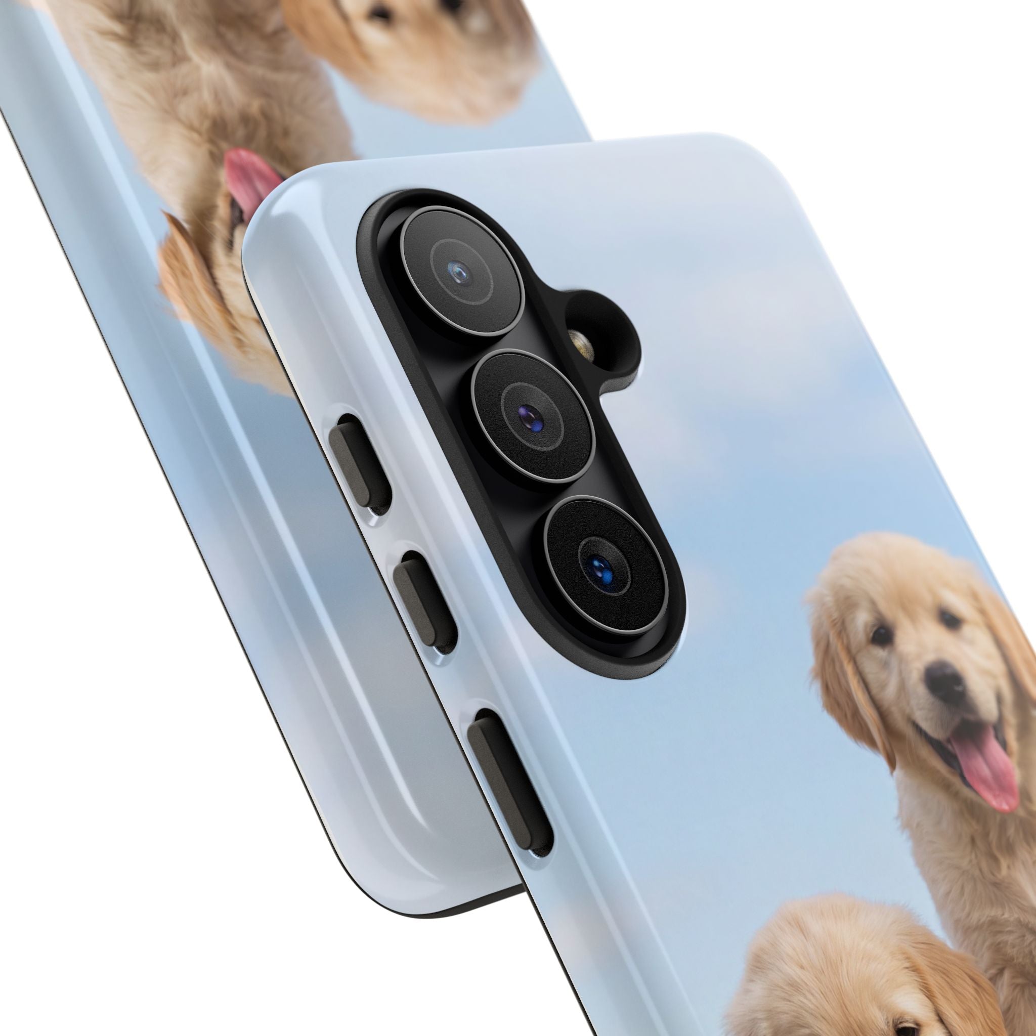 Golden Retriever Puppies on Barrel Phone Case | Cute Duo Under Blue Sky | iPhone & Samsung