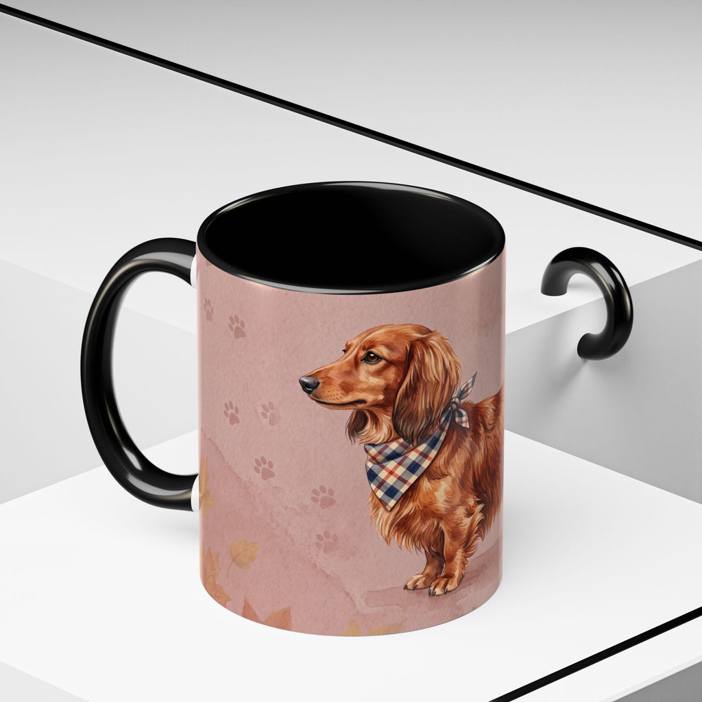 Dachshund Lover Mug | Long-Haired Wiener Dog with Plaid Bandana, Dusty Rose Watercolor Dog Gift