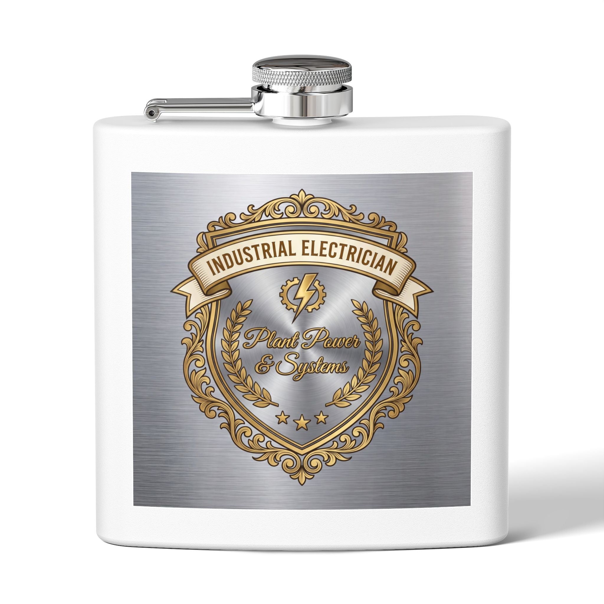 Flask — "Industrial Electrician: Plant Power & Systems" (Crest Edition) 6oz Stainless Steel Hip Flask