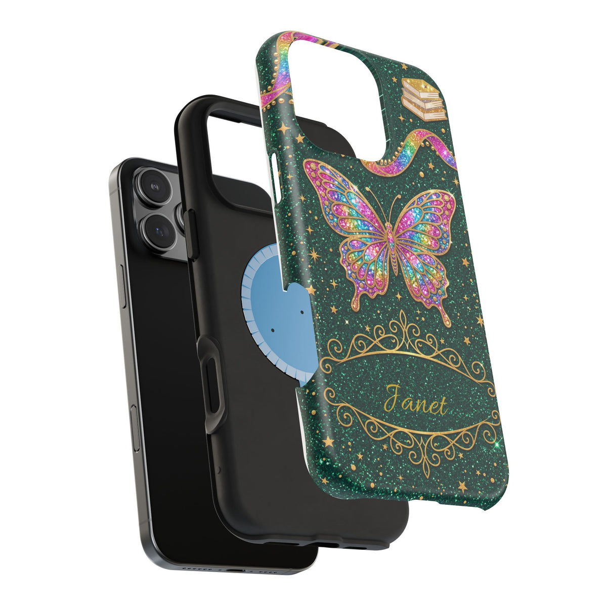 Rainbow Glitter Butterfly Personalized Teacher Phone Case — Wireless Charging Cover