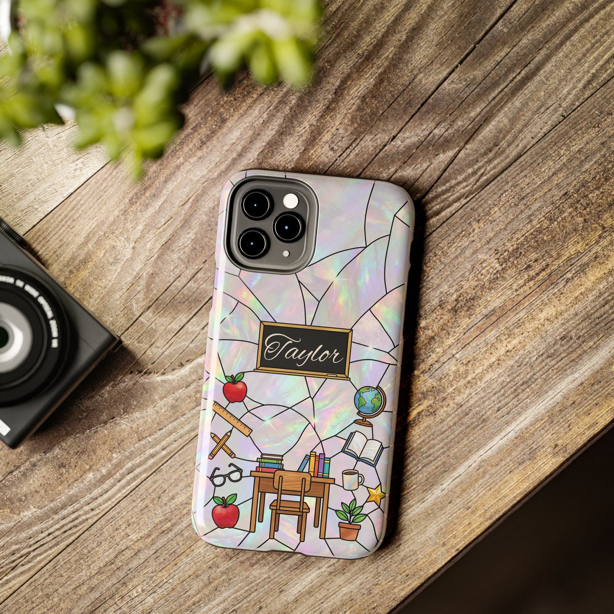 Personalized Teacher Phone Case — Custom Name Stained Glass Classroom Design