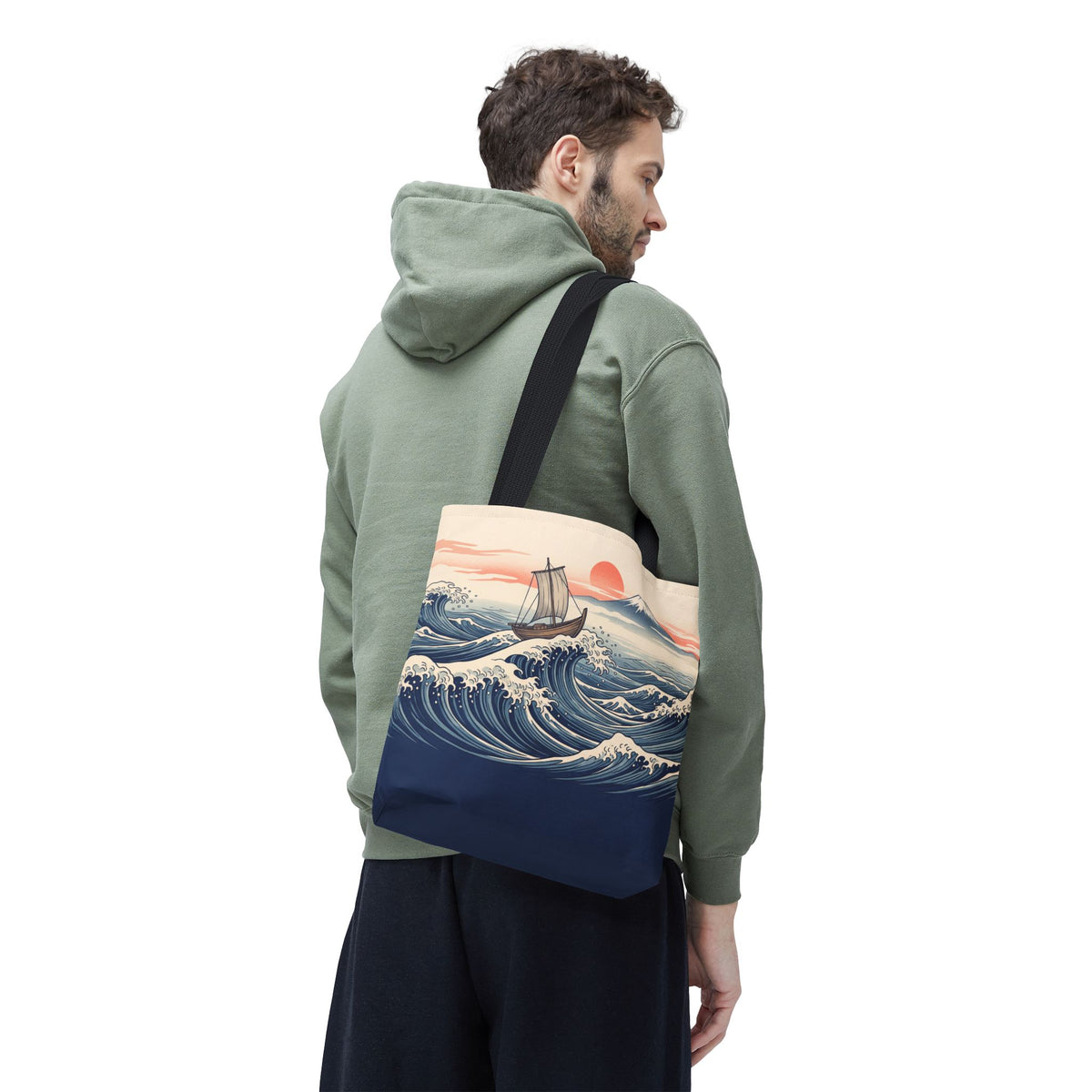 Japanese Wave Sailboat Tote Bag – Woodblock Style Ocean Beach Bag