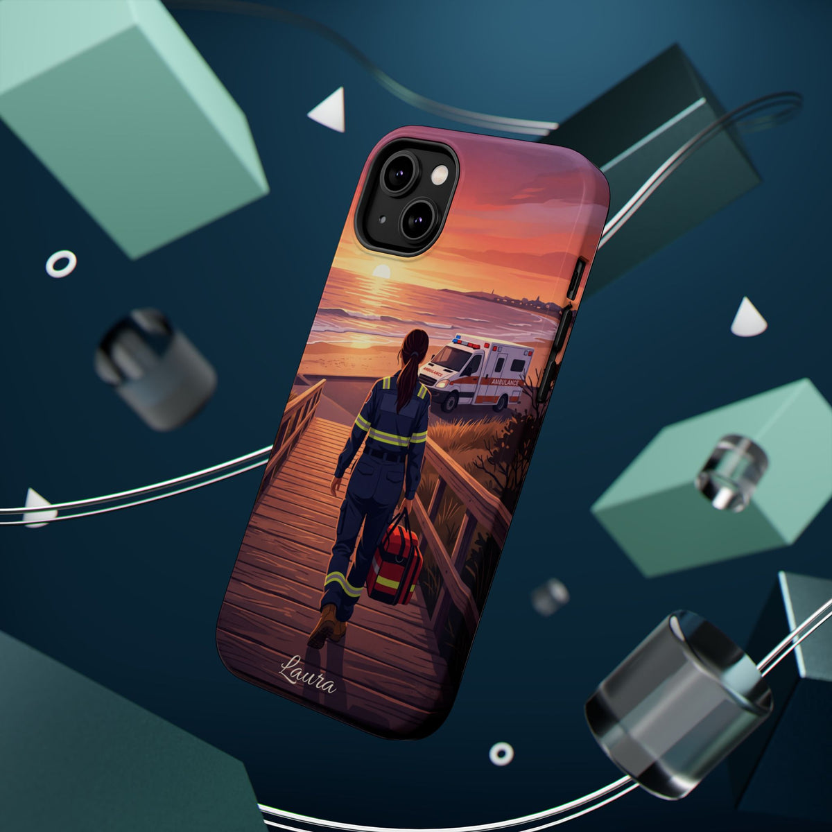 Sunset Boardwalk Personalized Paramedic Phone Case — Wireless Charging Cover