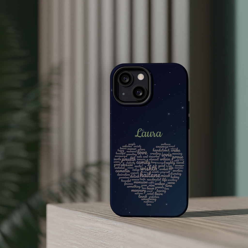 Personalized Teacher Heart Word Art Phone Case — Navy Wireless Charging Cover