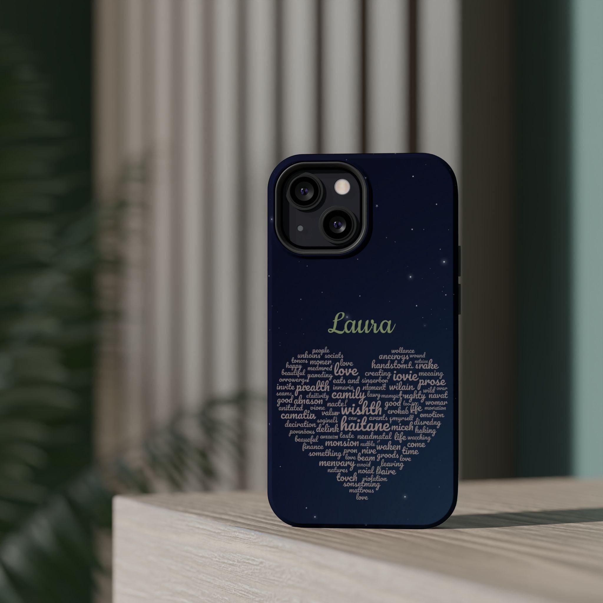 Personalized Teacher Heart Word Art Phone Case — Navy Wireless Charging Cover