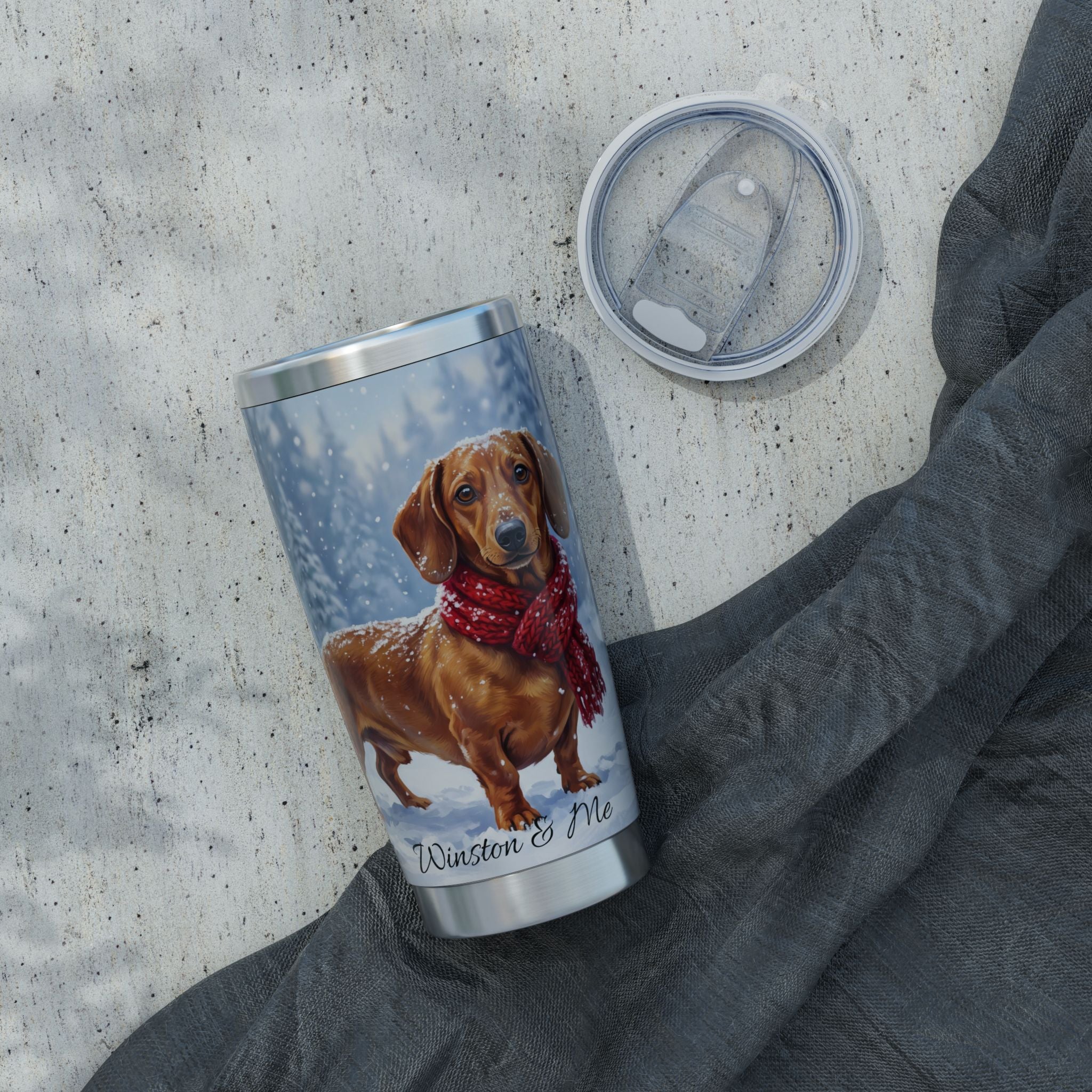 Dachshund Winter Portrait Stainless Tumbler — 20oz Personalized Travel Mug with Snowy Forest Design