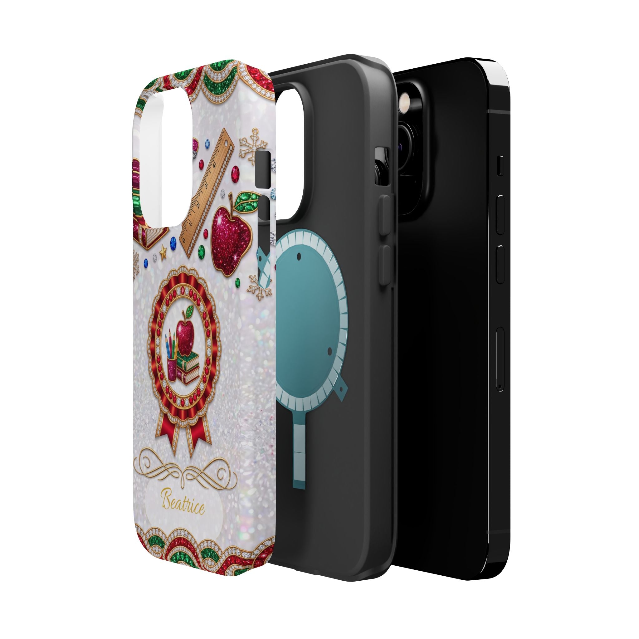 Jeweled Apple Medallion Personalized Teacher Phone Case — Wireless Charging Cover
