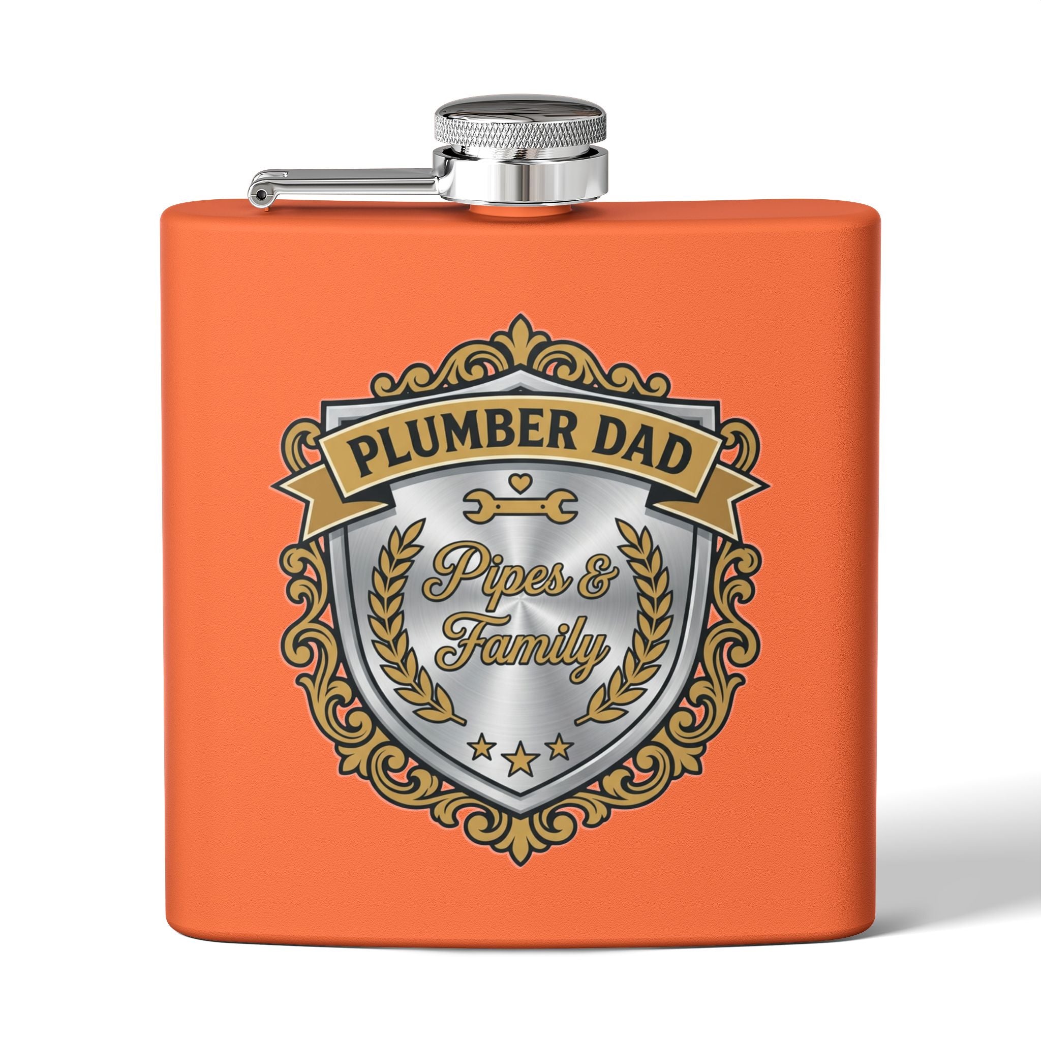 Flask — "Plumber Dad: Pipes & Family" 6oz Stainless Steel Hip Flask