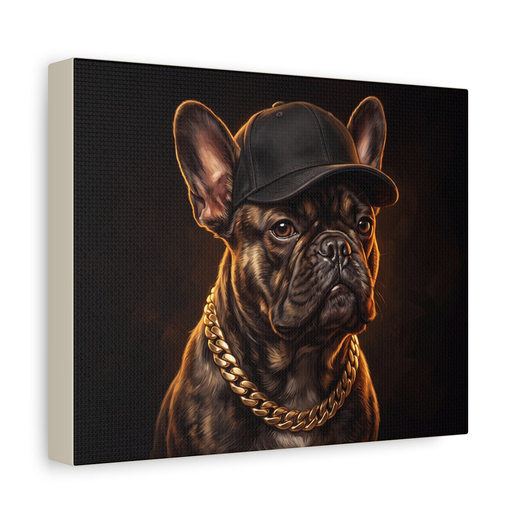 French Bulldog Portrait Canvas Print — Hip Hop Dog with Cap & Gold Chain