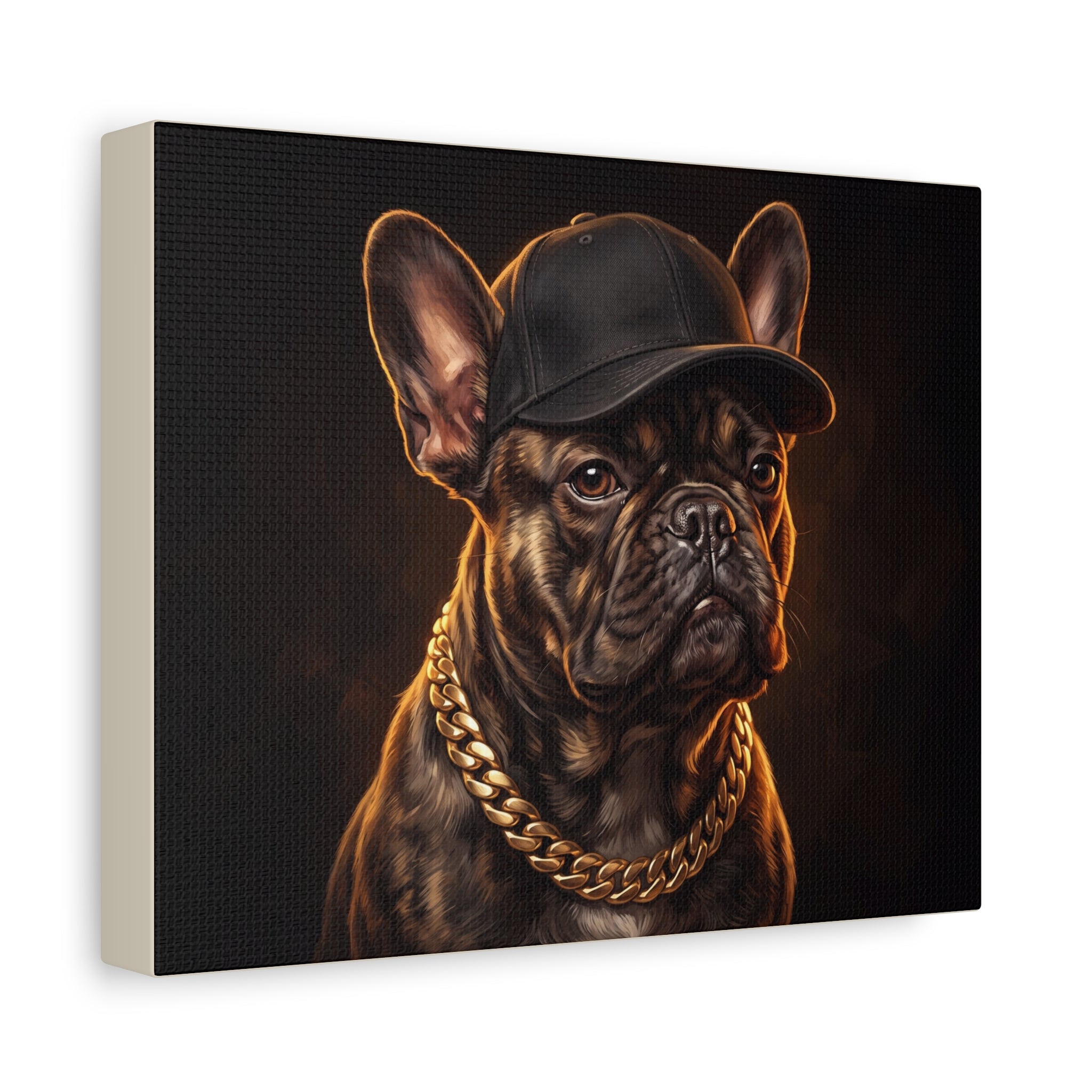 French Bulldog Portrait Canvas Print — Hip Hop Dog with Cap & Gold Chain