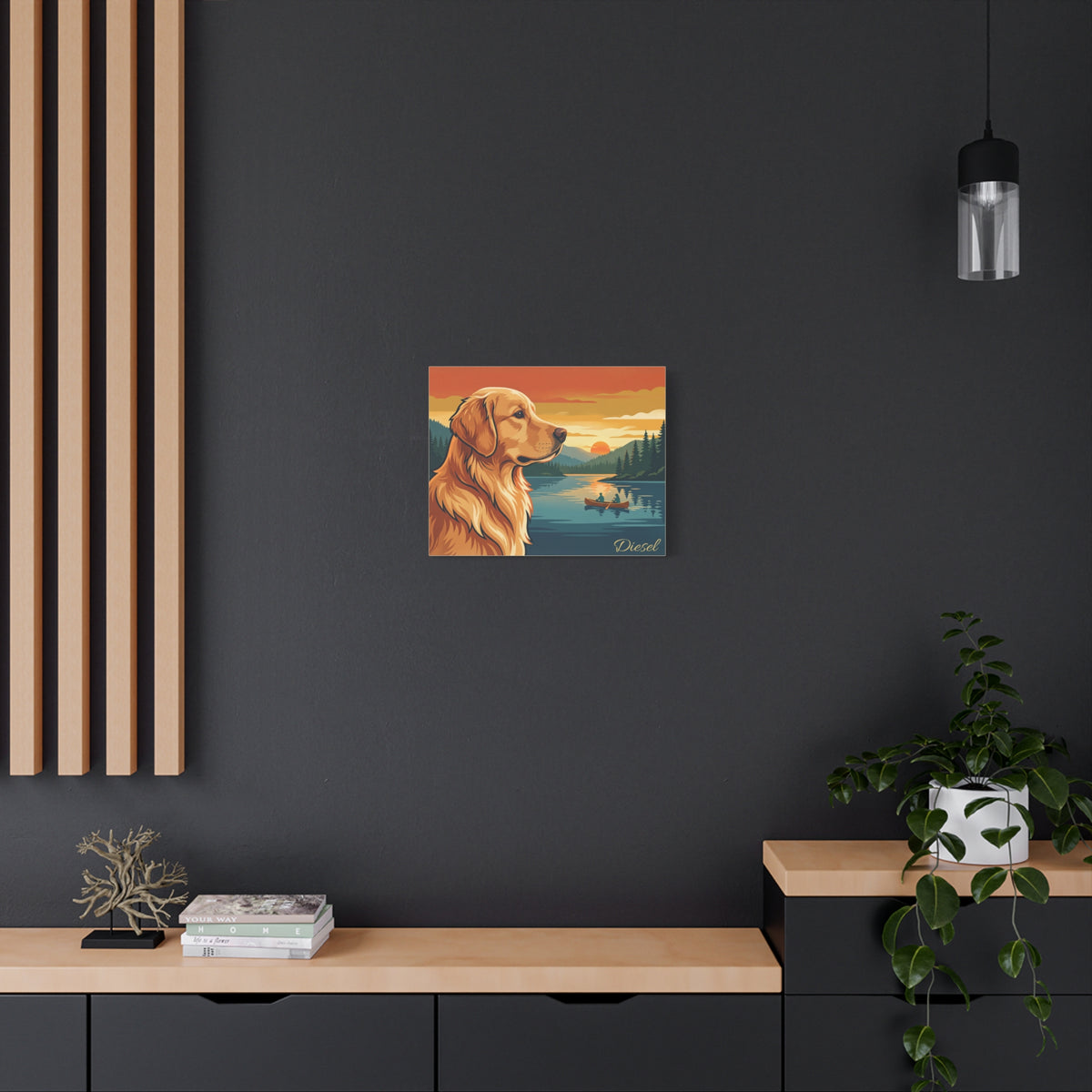 Golden Retriever Personalized Canvas | Retro Lake Sunset Wall Art
