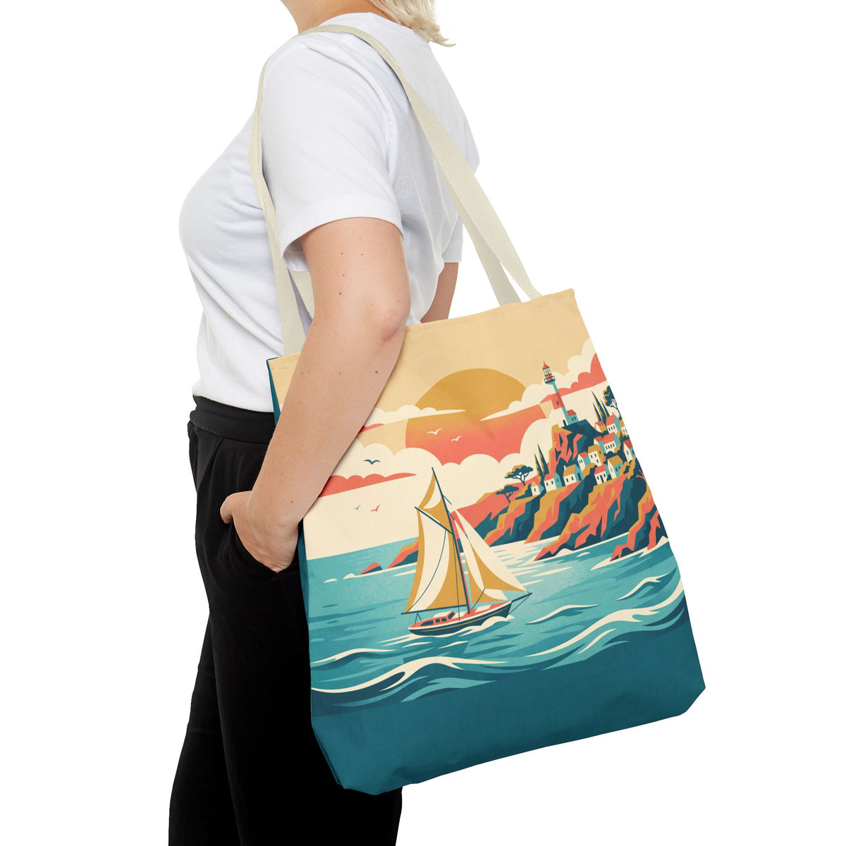 Coastal Lighthouse Sailboat Tote Bag – Retro Seaside Sunset Beach Bag