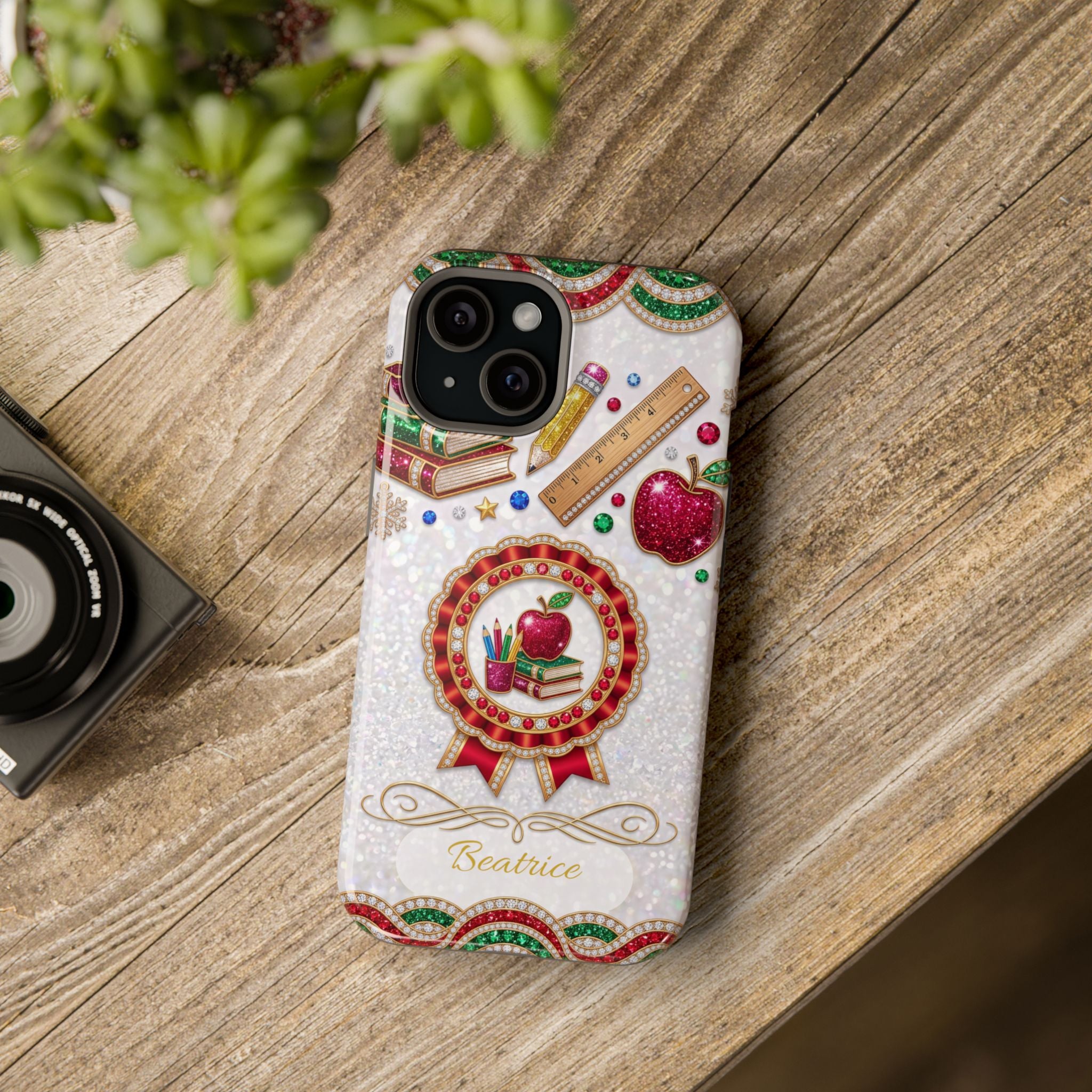 Jeweled Apple Medallion Personalized Teacher Phone Case — Wireless Charging Cover