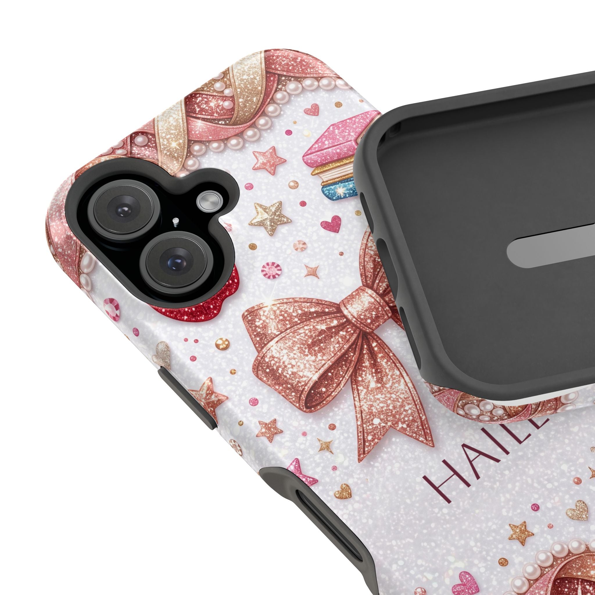 Rose Gold Glitter Bow Personalized Teacher Phone Case — Wireless Charging Cover