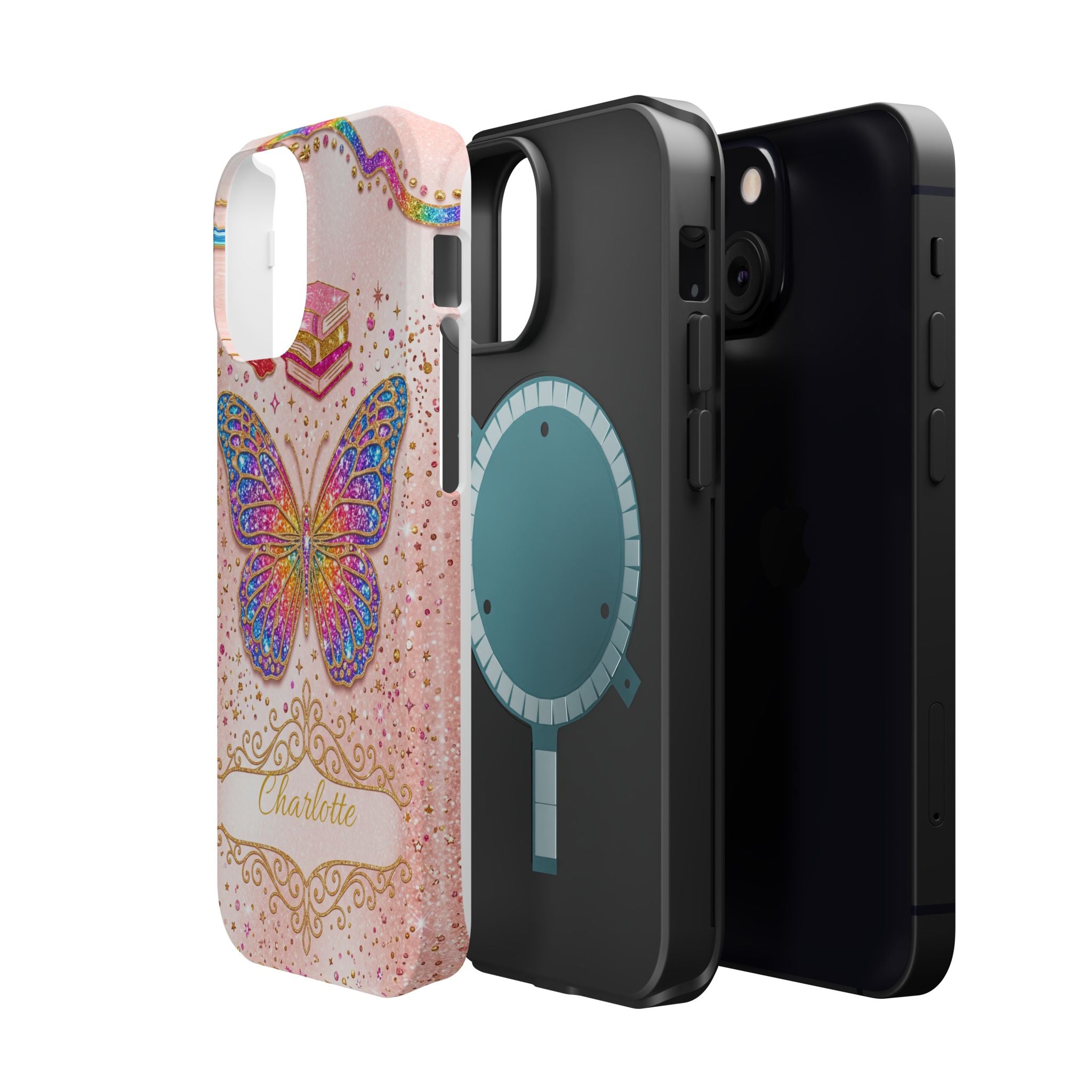Blush Glitter Butterfly Personalized Teacher Phone Case — Wireless Charging Cover