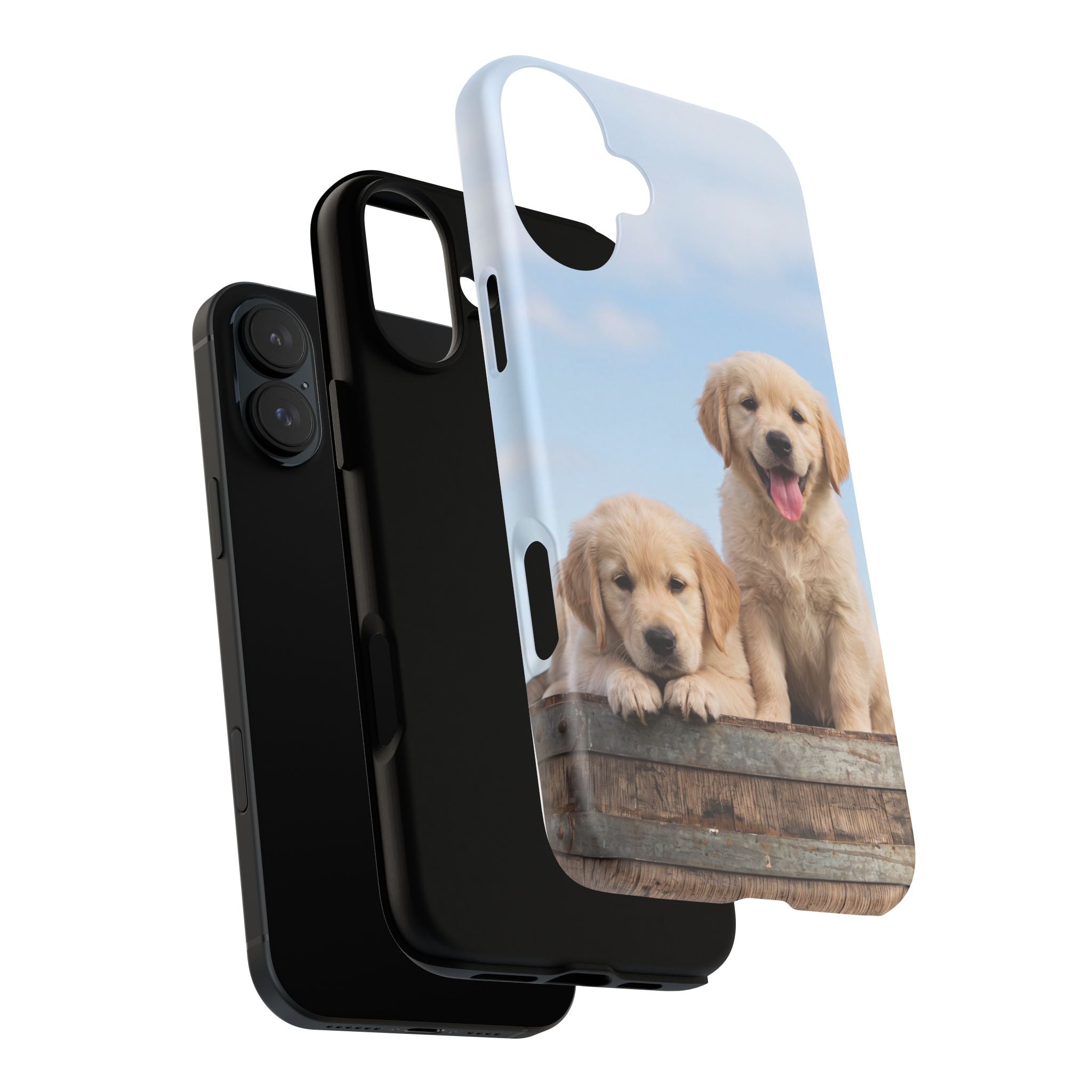 Golden Retriever Puppies on Barrel Phone Case | Cute Duo Under Blue Sky | iPhone & Samsung