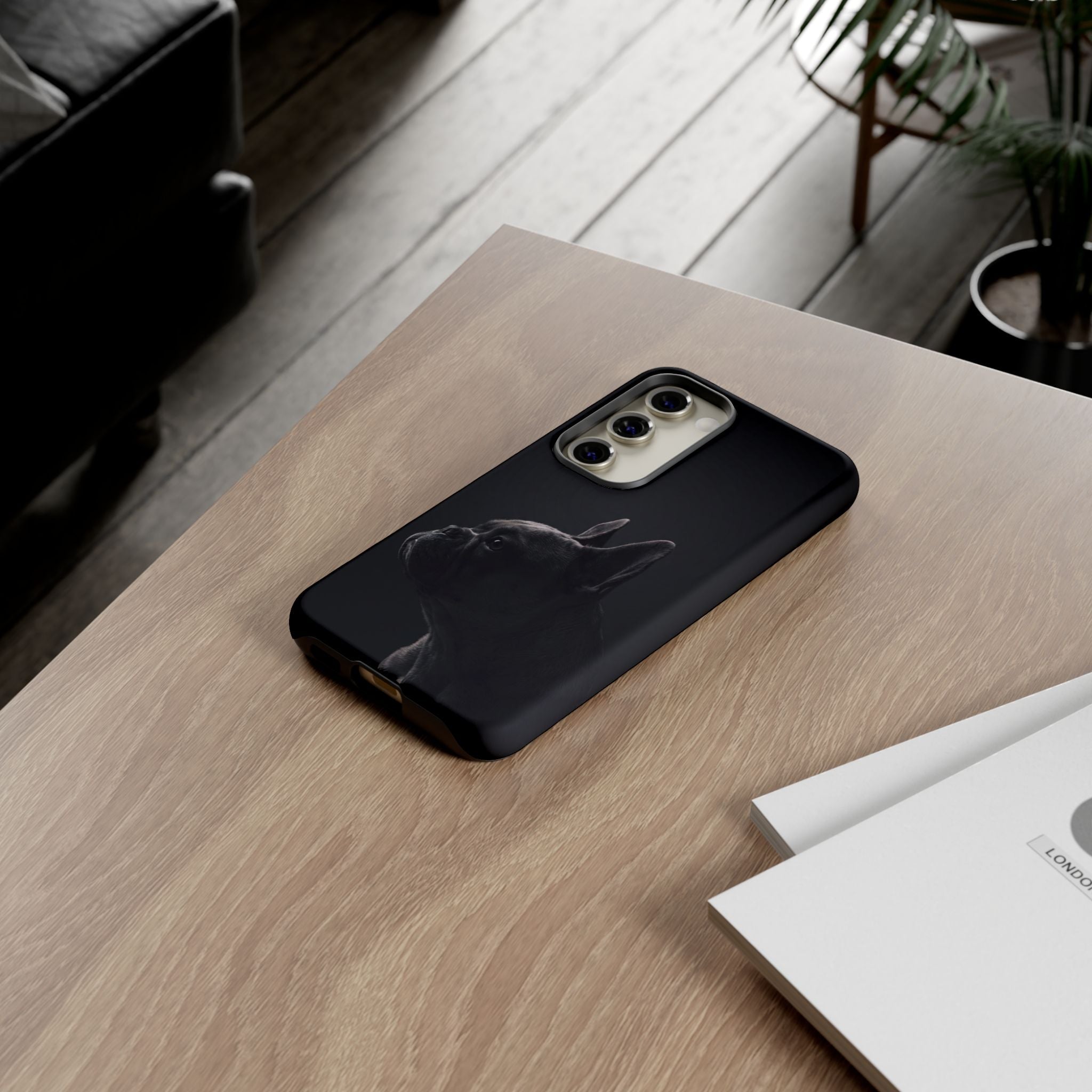 Silhouette French Bulldog Phone Case | Minimalist Black-on-Black Frenchie Profile | iPhone & Samsung