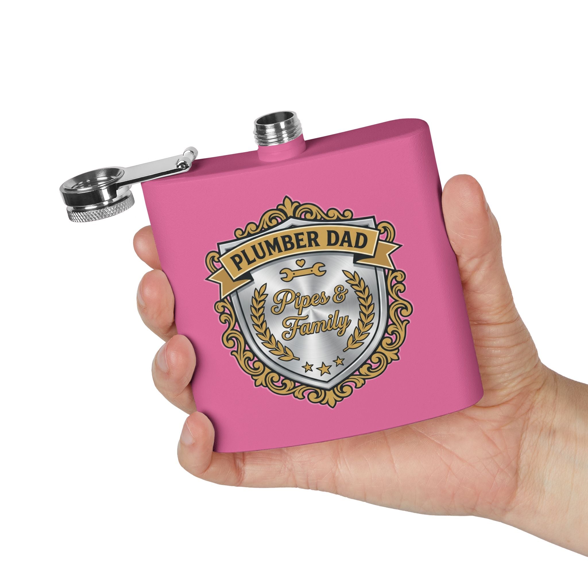 Flask — "Plumber Dad: Pipes & Family" 6oz Stainless Steel Hip Flask