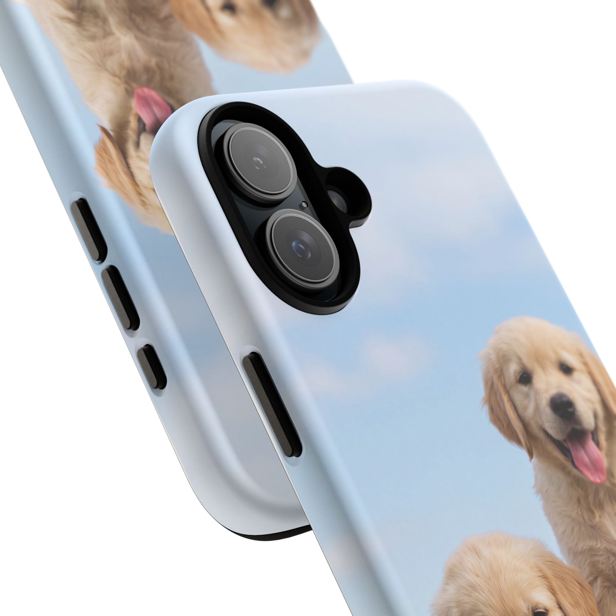 Golden Retriever Puppies on Barrel Phone Case | Cute Duo Under Blue Sky | iPhone & Samsung