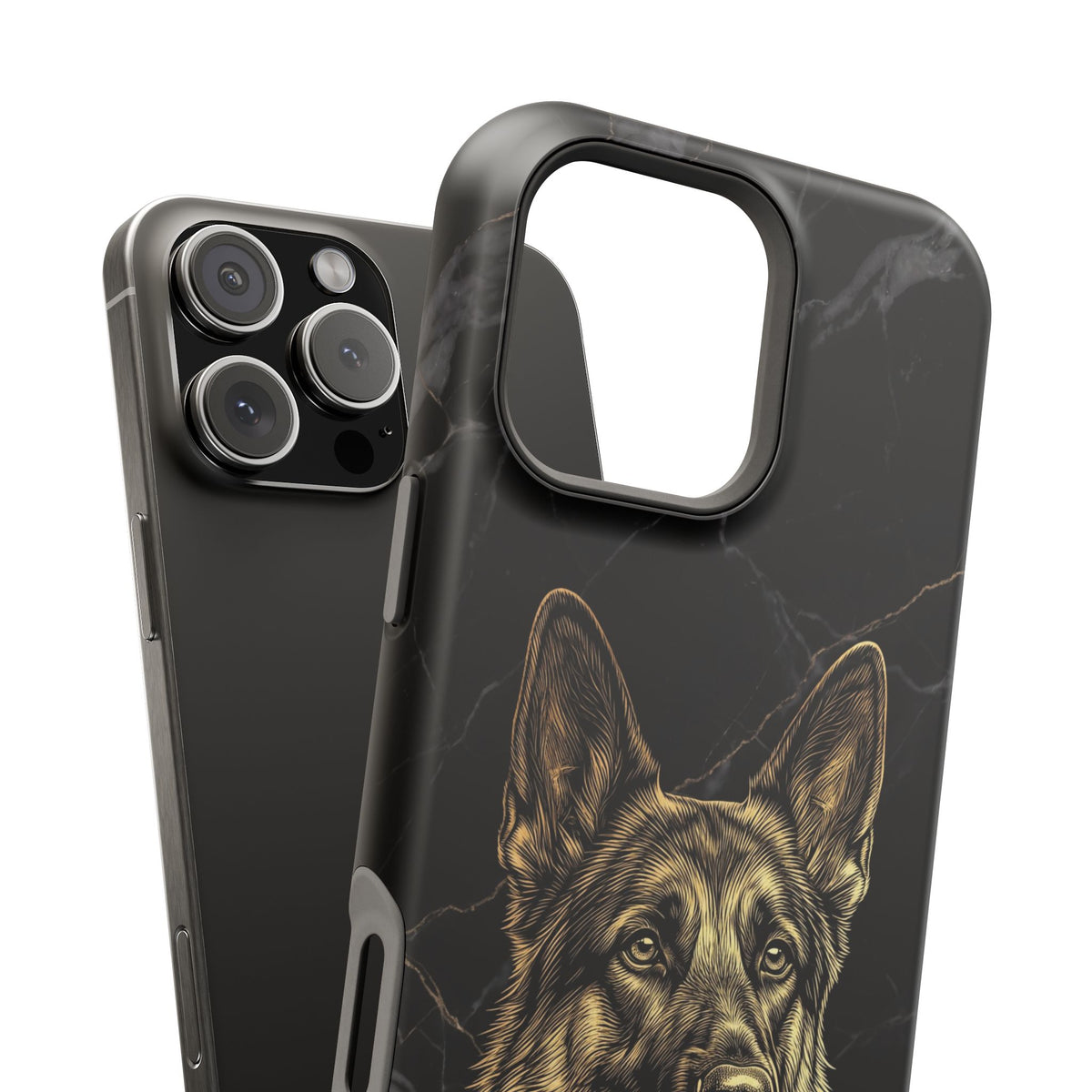 German Shepherd Phone Case | Black Marble Gold Sketch Art — Tough Magnetic Case with Wireless Charging