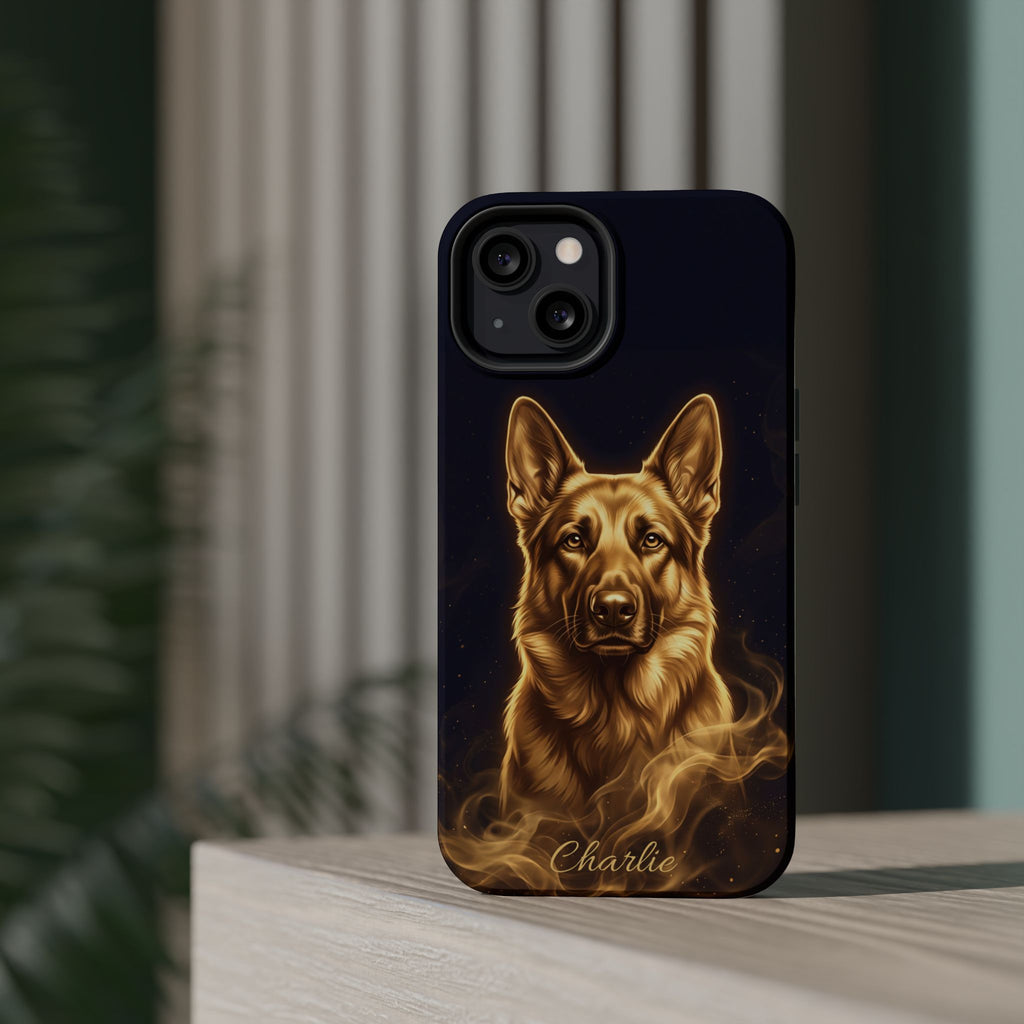 German Shepherd Phone Case | Personalized Gold Glow Art — Tough Magnetic Case with Wireless Charging