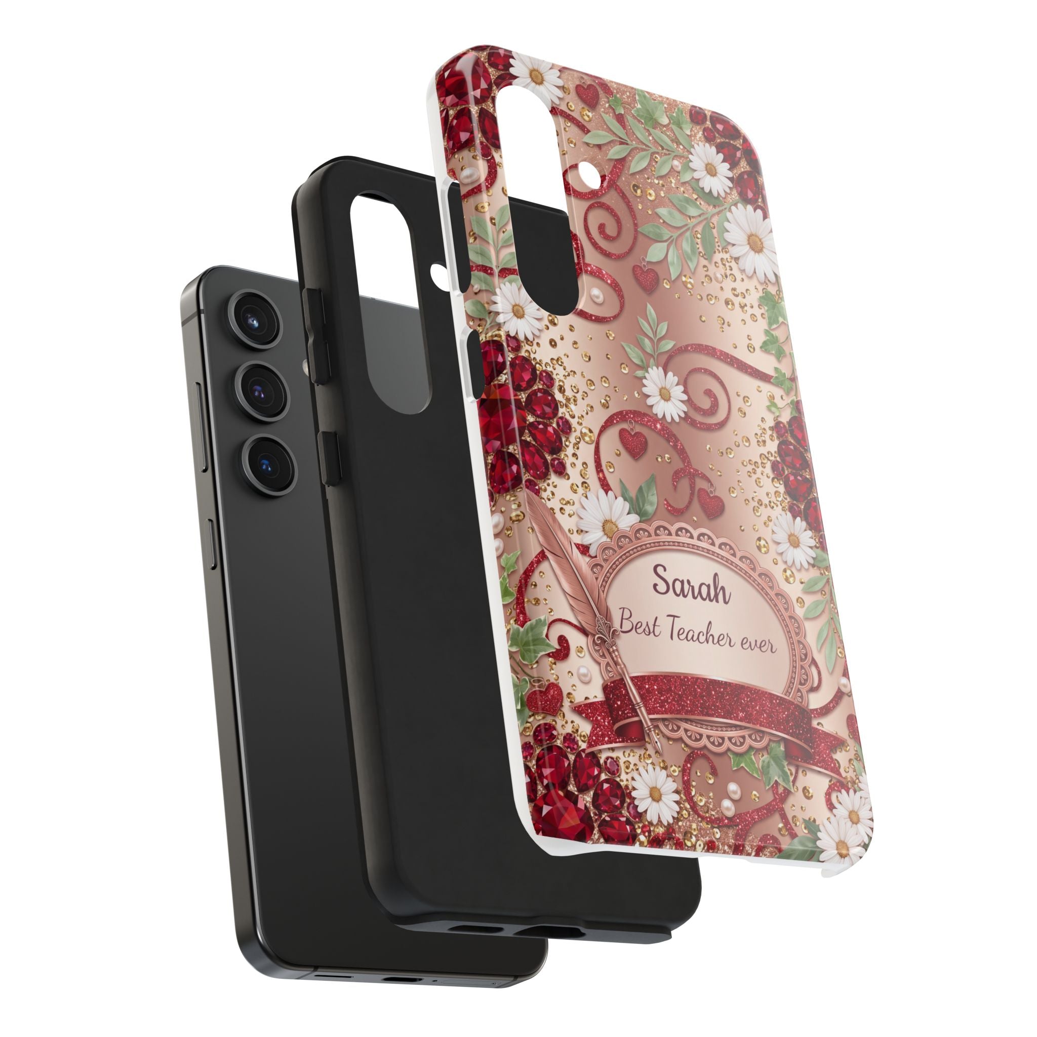 Personalized Teacher Phone Case — Custom Name and Message - Floral Jeweled Design