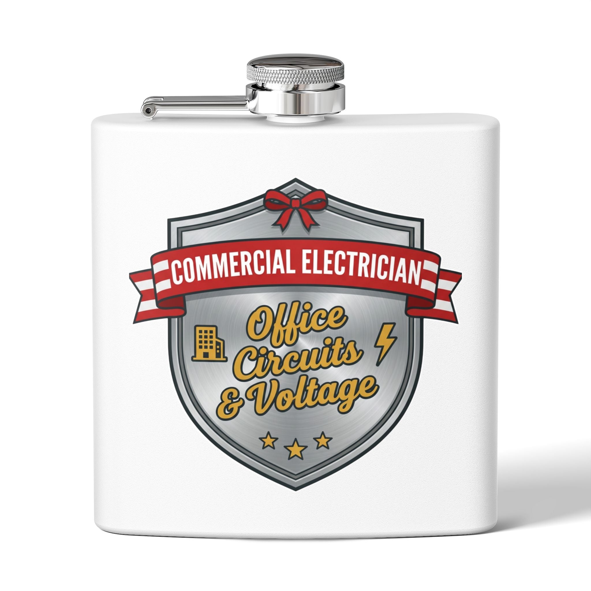 Flask — "Commercial Electrician: Office Circuits & Voltage" (Crest Edition) 6oz Stainless Steel Hip Flask