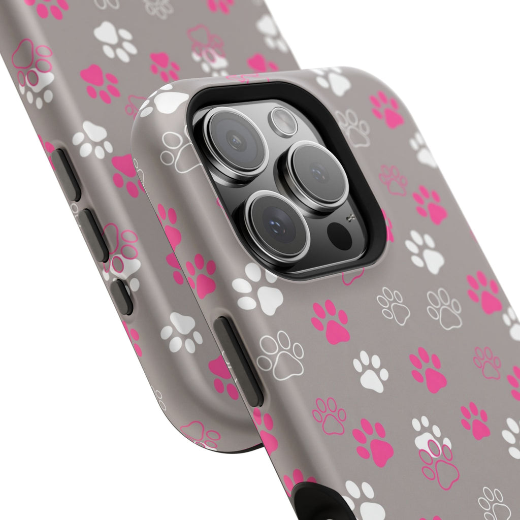 Pink & White Paw Print Phone Case — Impact-Resistant Wireless Charging Cover