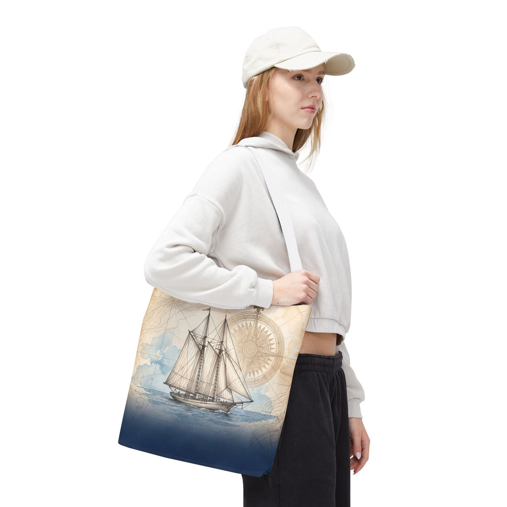 Vintage Schooner Tote Bag – Antique Nautical Map Compass Beach Bag