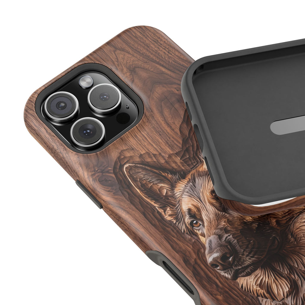German Shepherd Phone Case | Carved Walnut Art — Tough Magnetic Case with Wireless Charging