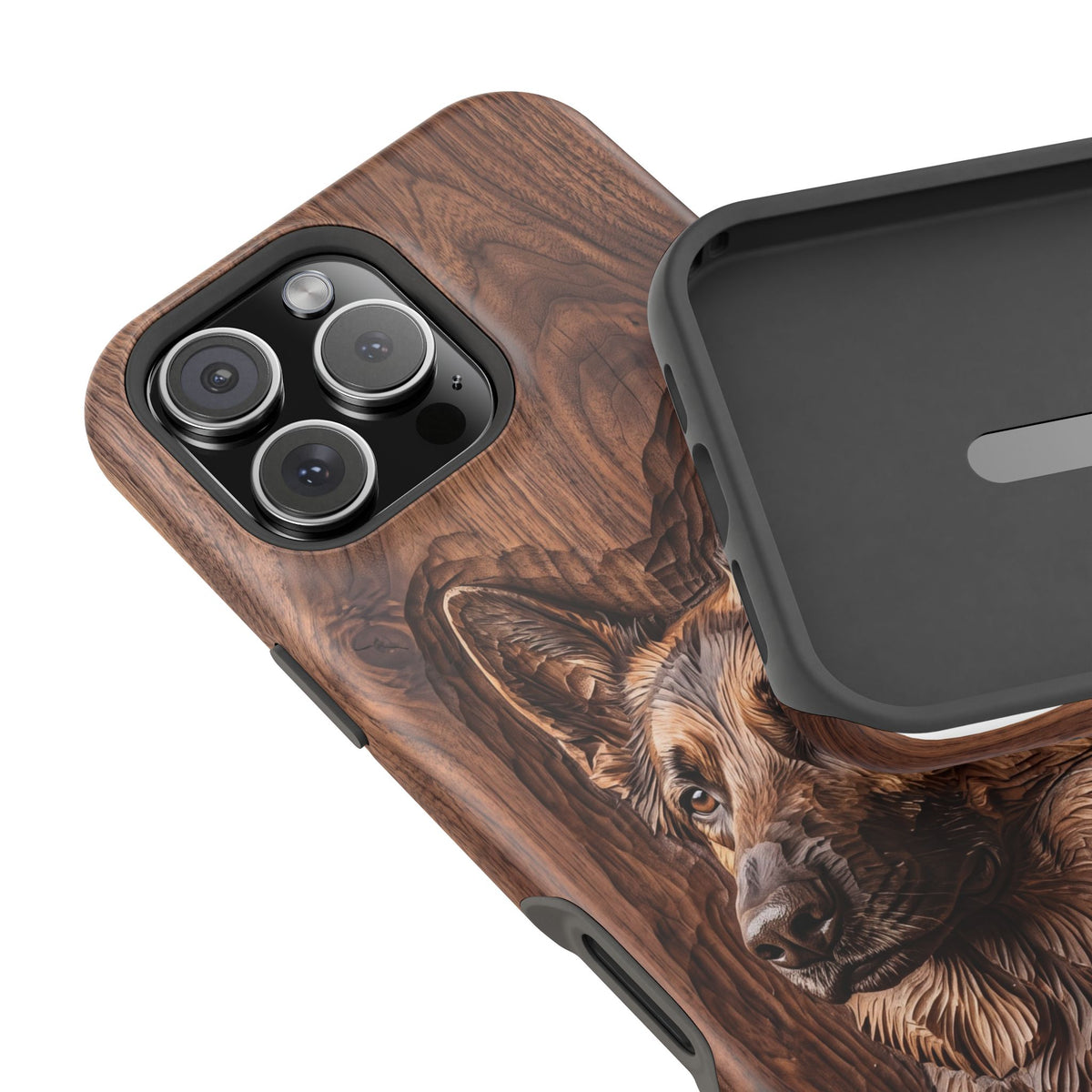 German Shepherd Phone Case | Carved Walnut Art — Tough Magnetic Case with Wireless Charging