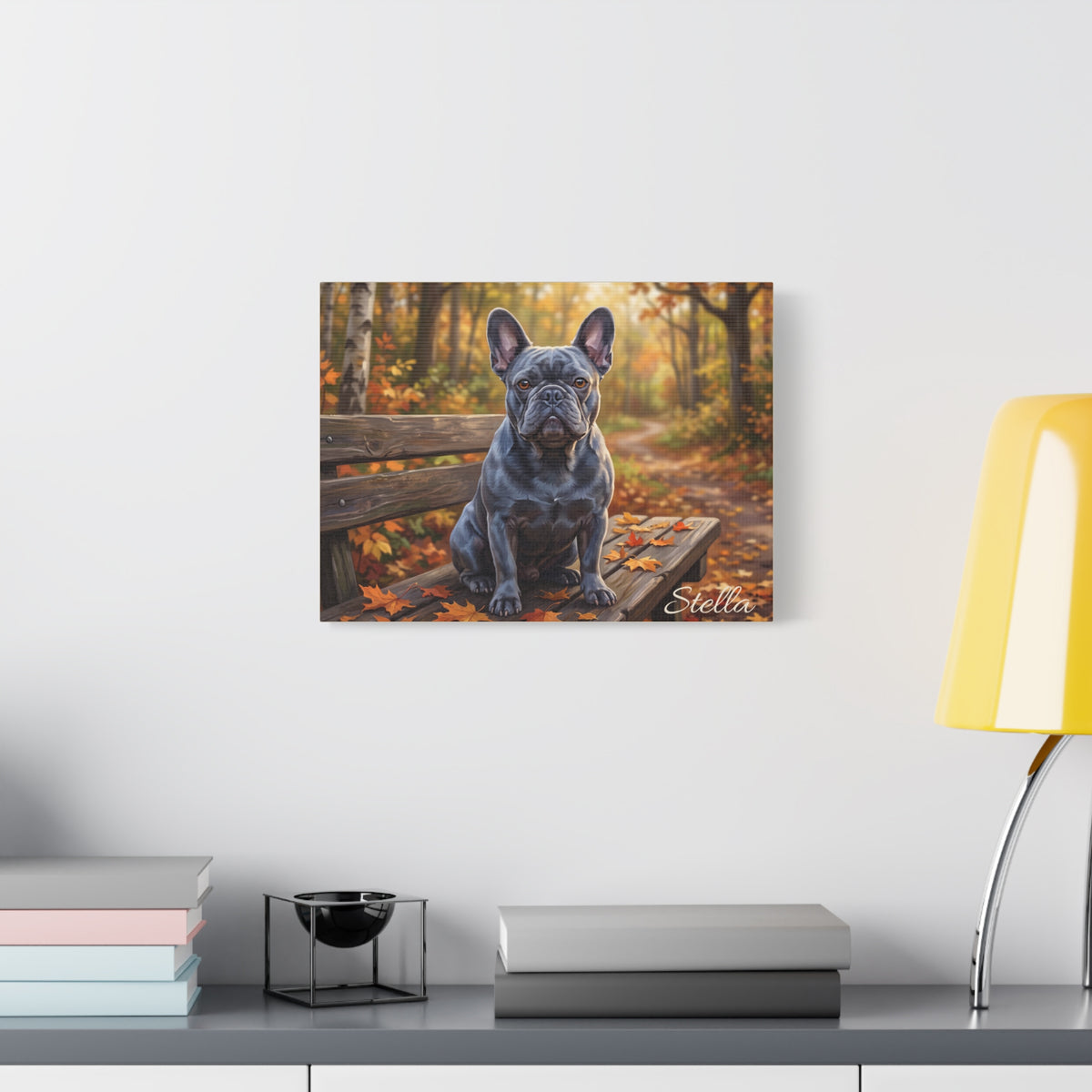 French Bulldog Personalized Canvas | Blue Frenchie Autumn Woodland Bench Wall Art