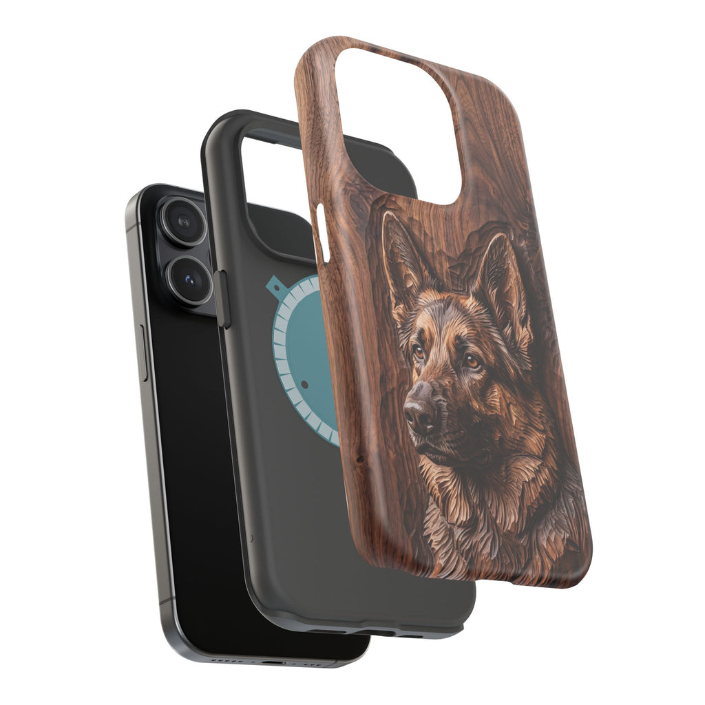 German Shepherd Phone Case | Carved Walnut Art — Tough Magnetic Case with Wireless Charging