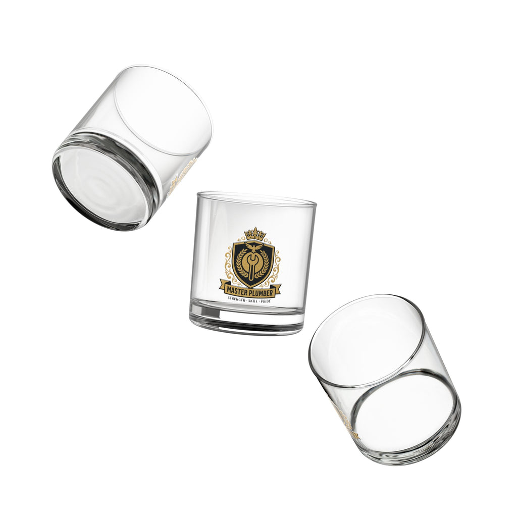 Master Plumber Crest Rocks Glass 10oz — Gold & Black Whiskey Glass