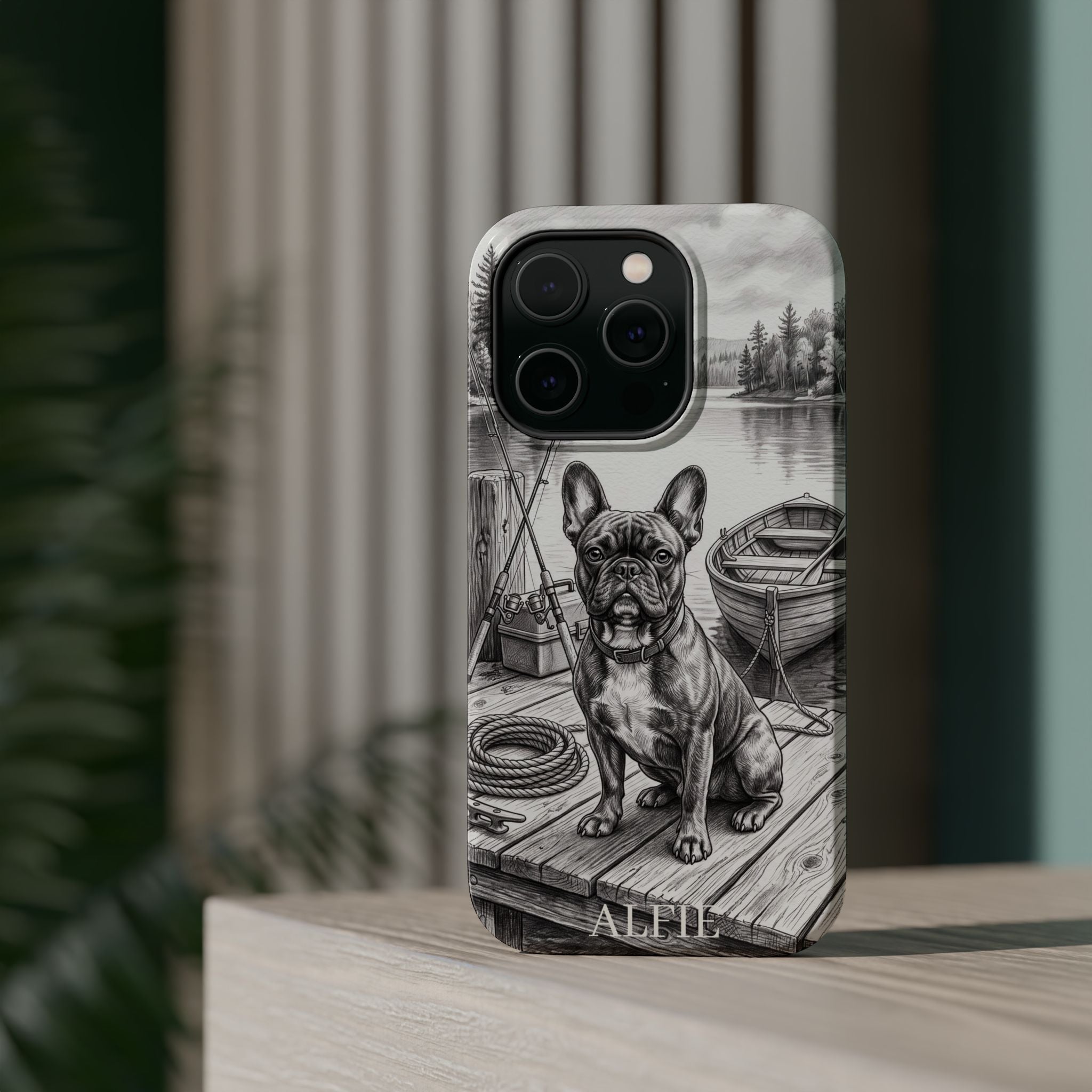 Personalized French Bulldog Lakeside Dock Phone Case — Wireless Charging Cover