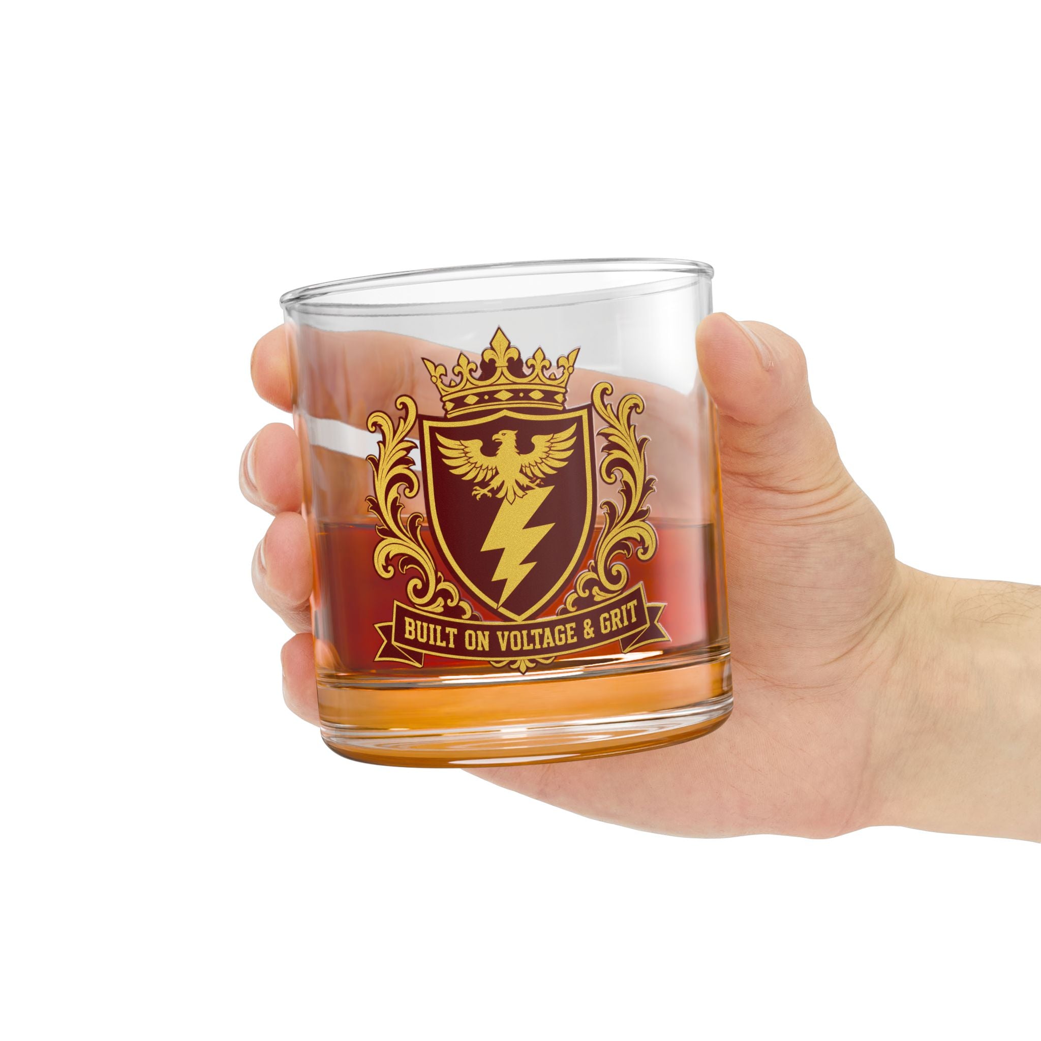 Built On Voltage & Grit Crest Rocks Glass 10oz — Burgundy & Gold Electrician Glass