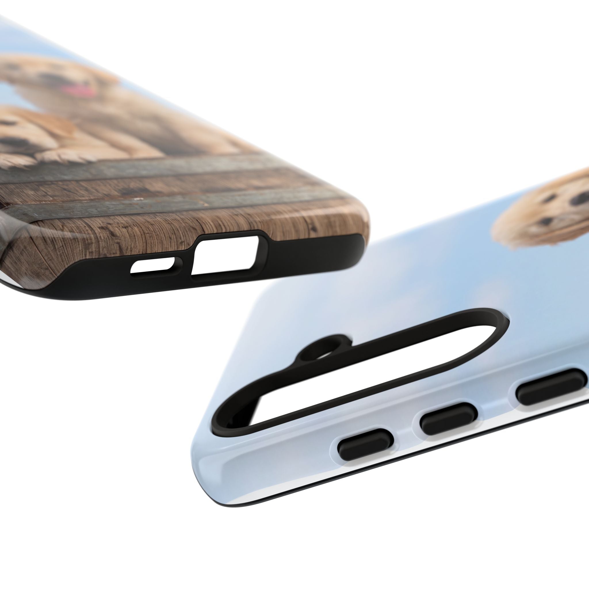 Golden Retriever Puppies on Barrel Phone Case | Cute Duo Under Blue Sky | iPhone & Samsung