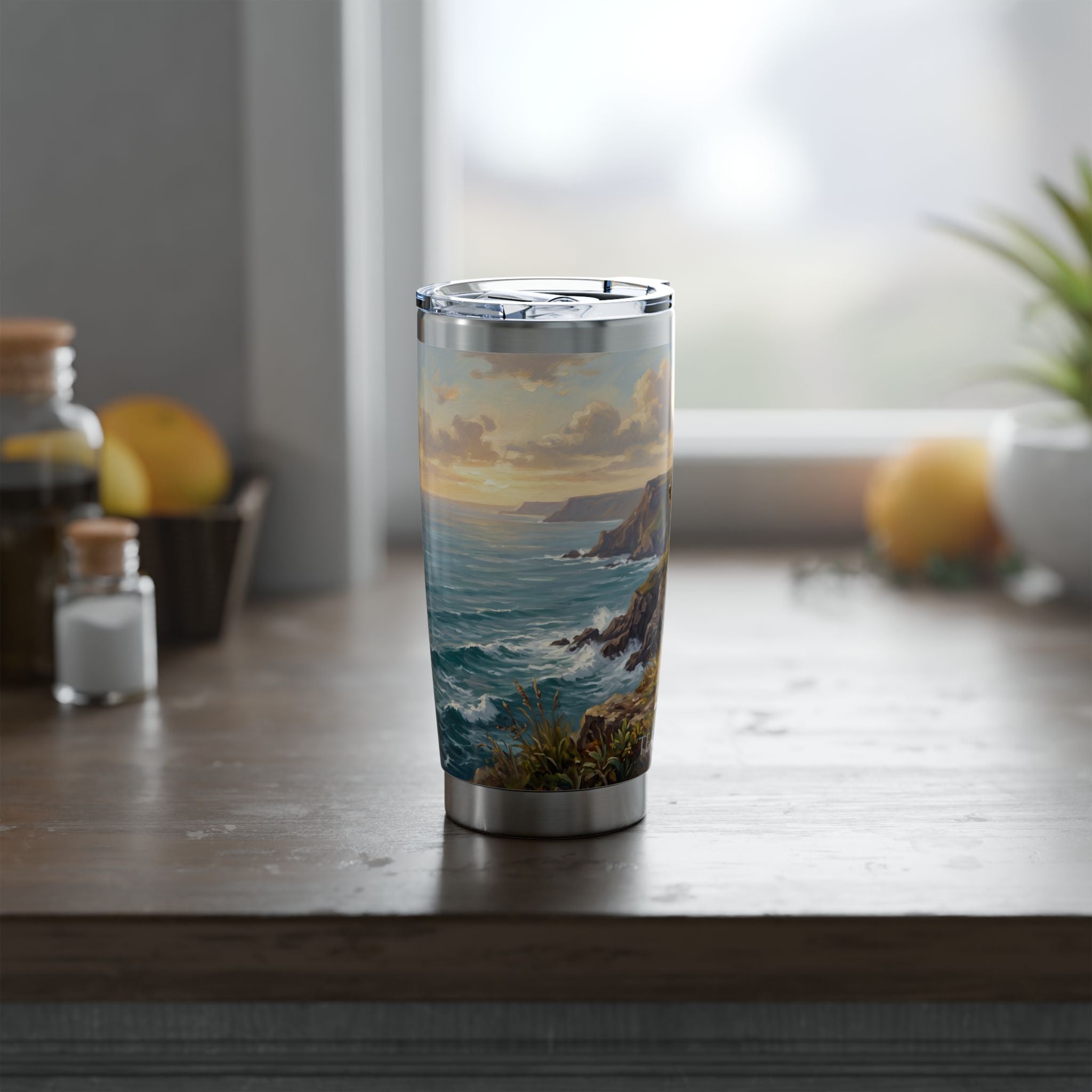 Dachshund Coastal Cliffs Stainless Tumbler — 20 oz Personalized Travel Mug with Seaside Landscape Design