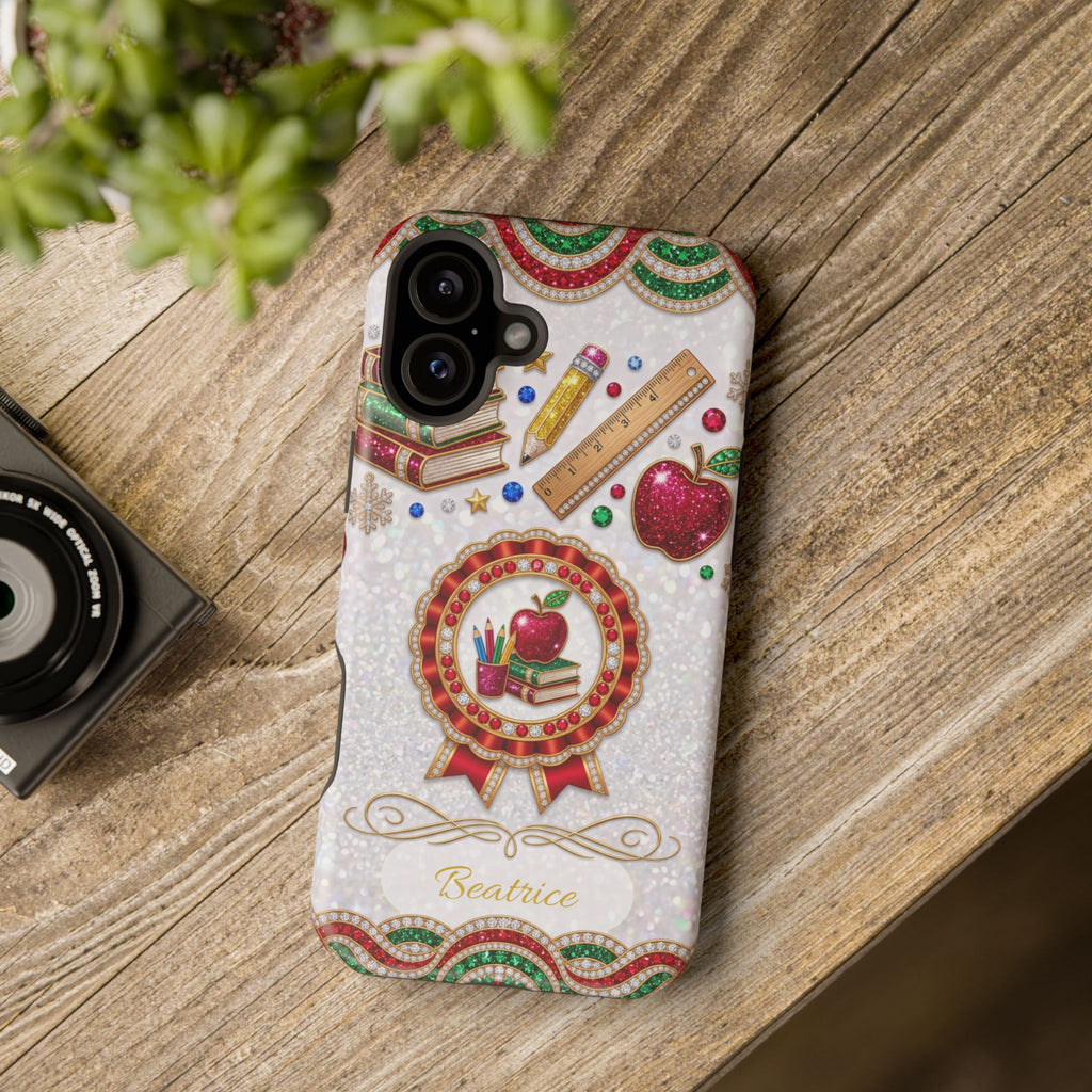 Jeweled Apple Medallion Personalized Teacher Phone Case — Wireless Charging Cover
