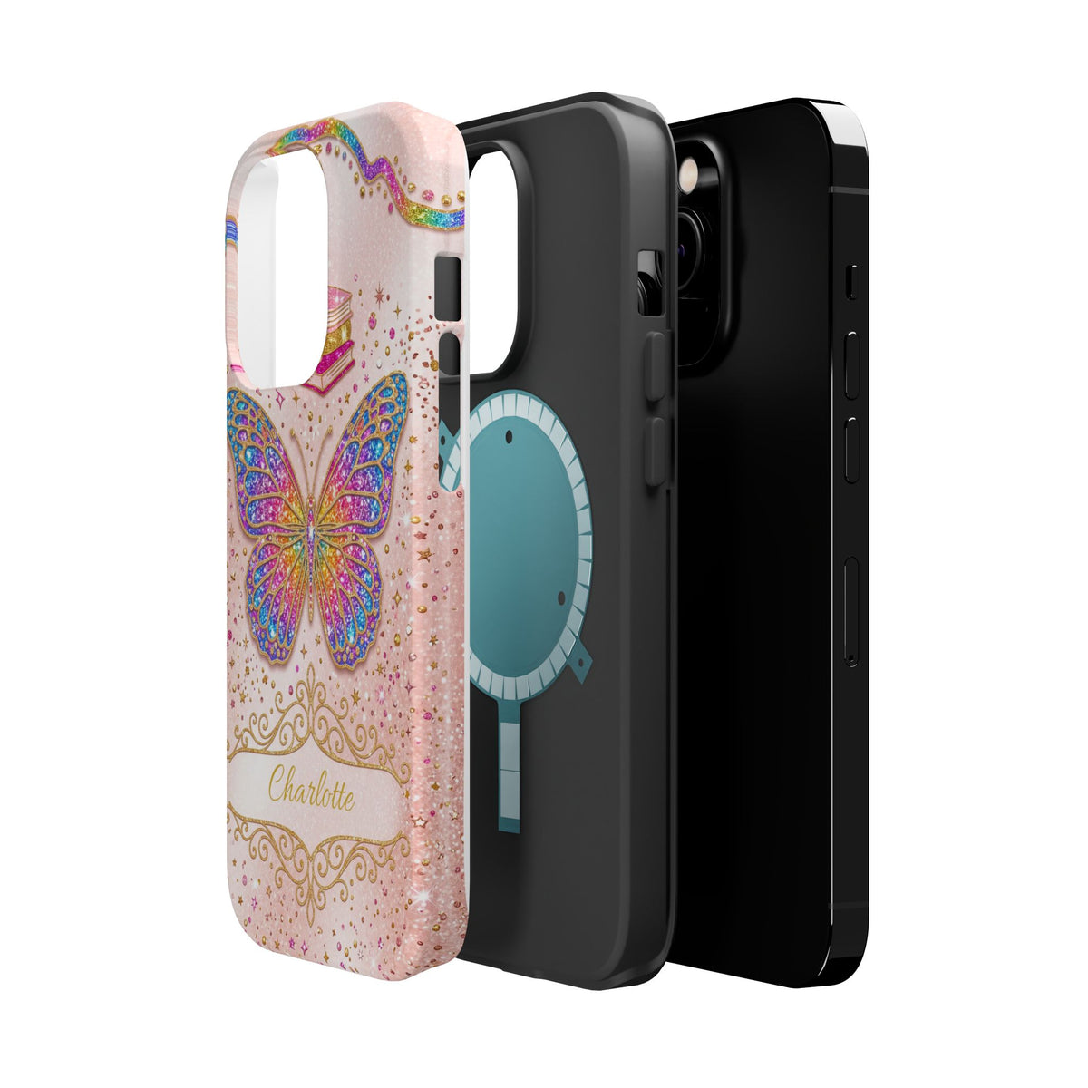 Blush Glitter Butterfly Personalized Teacher Phone Case — Wireless Charging Cover