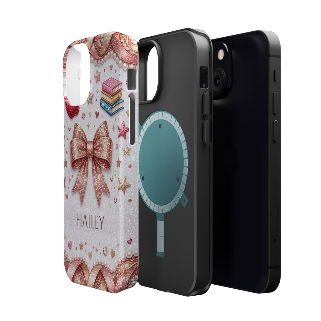 Rose Gold Glitter Bow Personalized Teacher Phone Case — Wireless Charging Cover