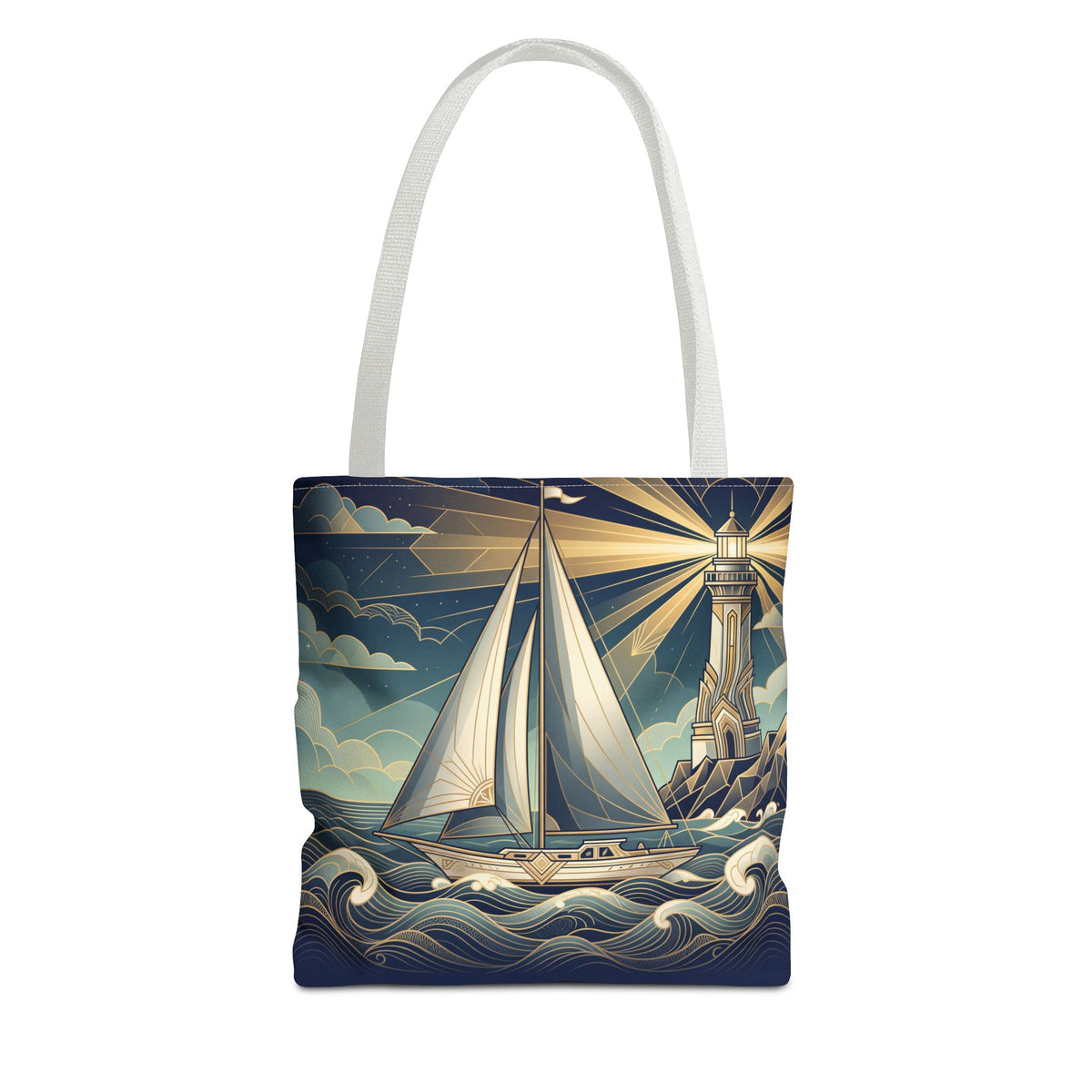 Lighthouse Sailboat Tote Bag – Nautical Art Deco Ocean Waves Beach Bag