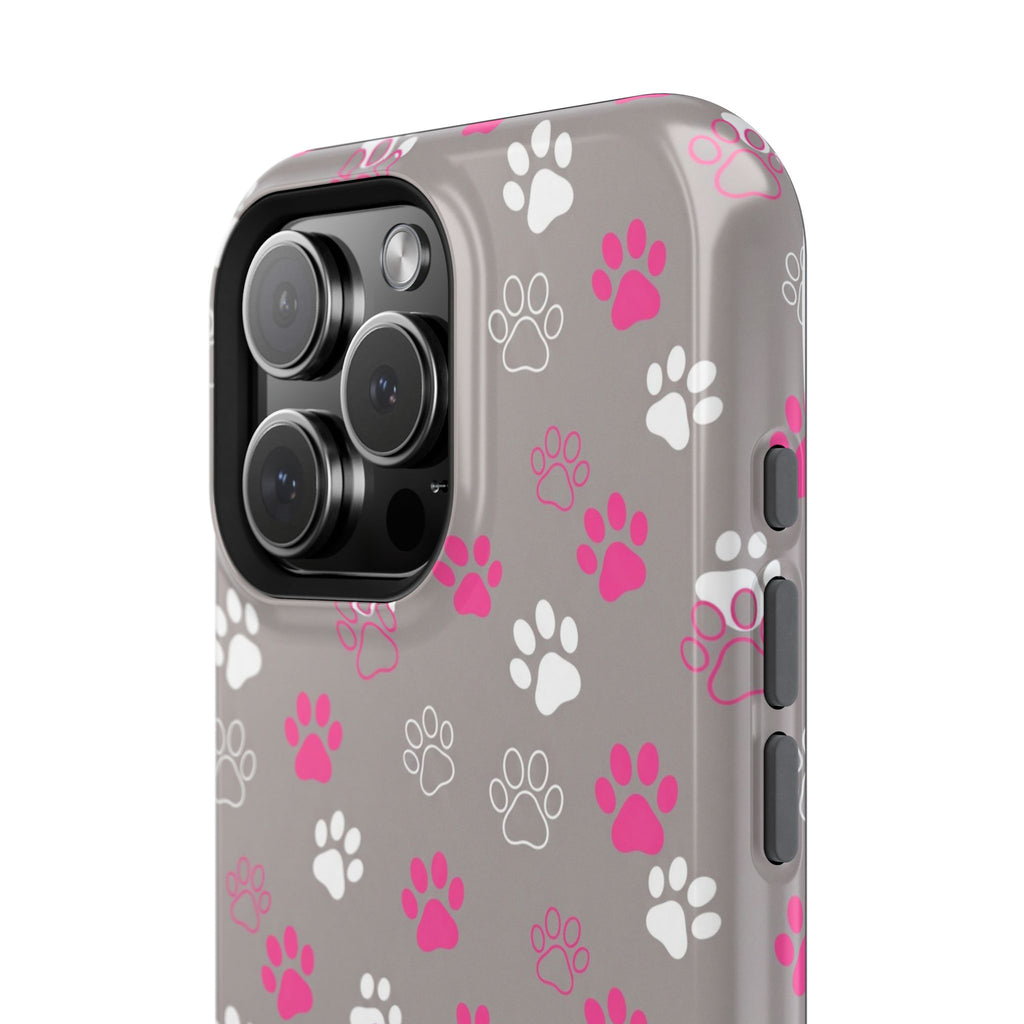 Pink & White Paw Print Phone Case — Impact-Resistant Wireless Charging Cover