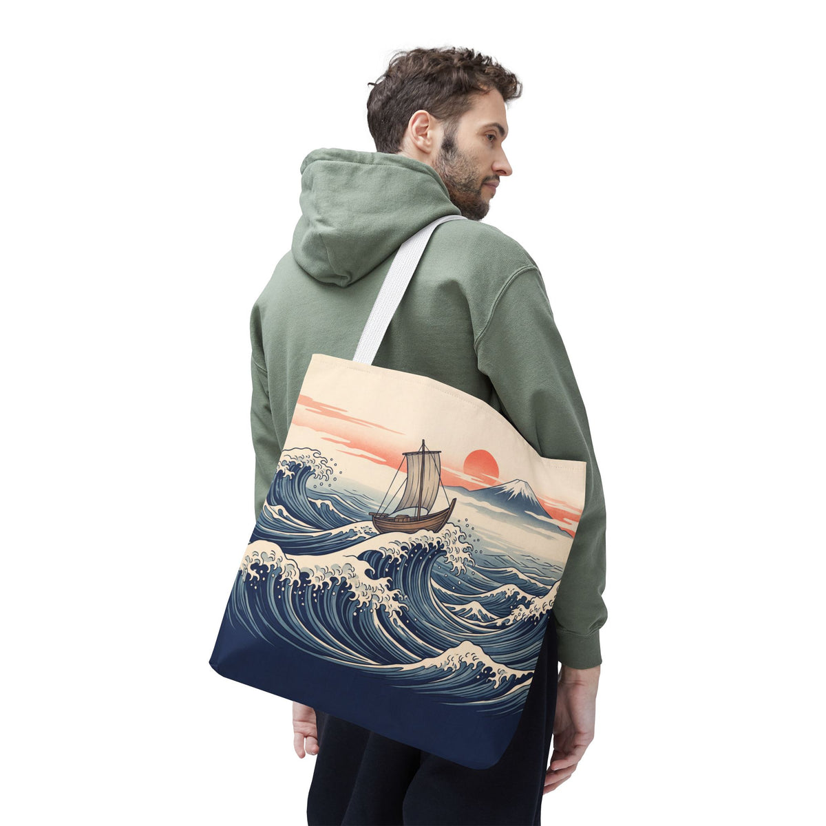 Japanese Wave Sailboat Tote Bag – Woodblock Style Ocean Beach Bag